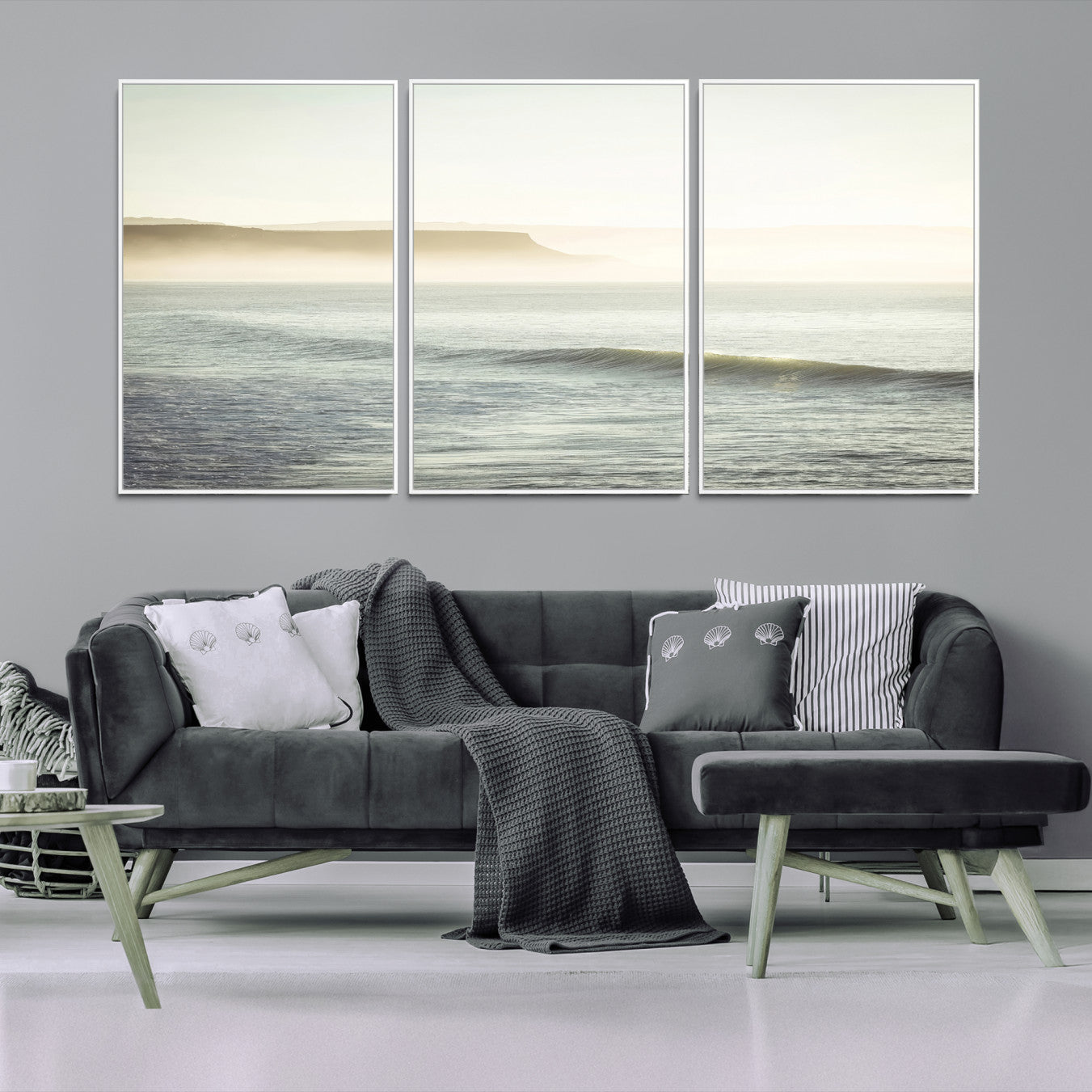 39310633-MGV-FC-60X30-3P-Coastal Cliffs Wall Art Canvas Print, Framed Misty Ocean Art Picture Print, Soft Morning Perfect