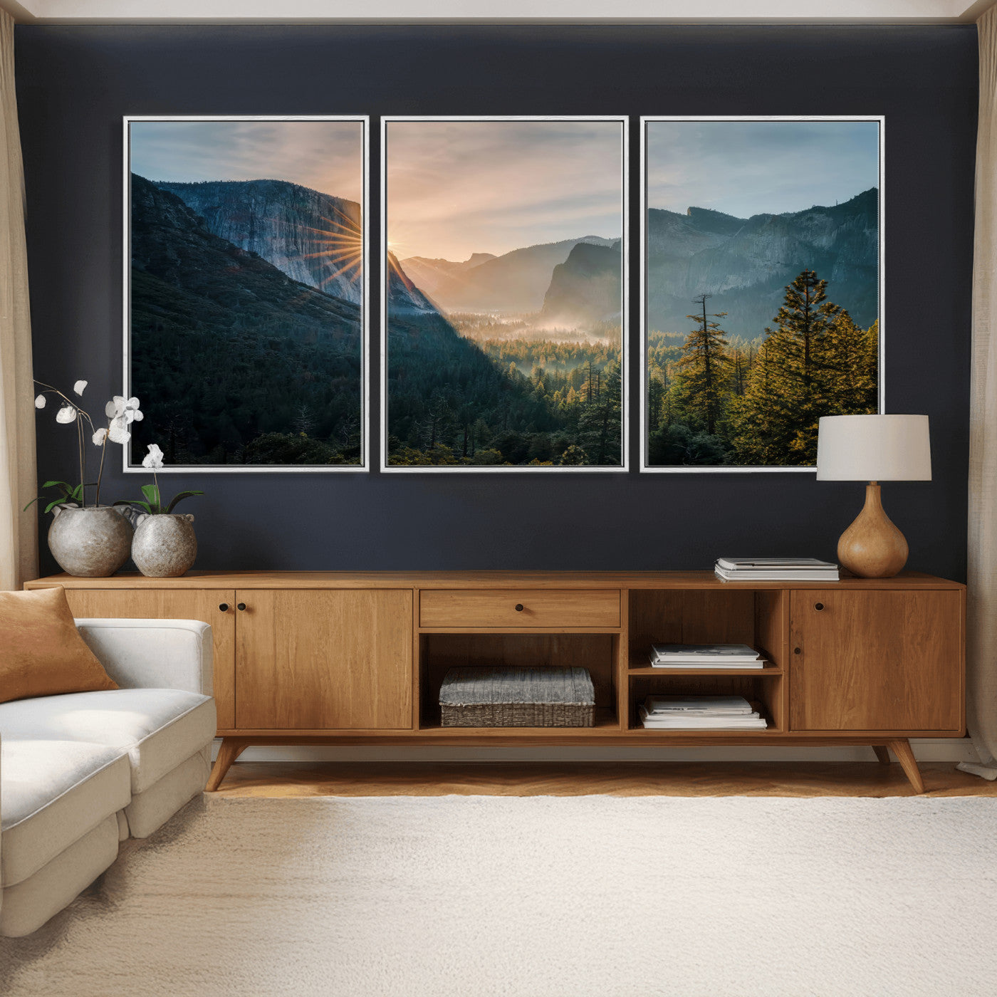 51605481-MGV-CV-36X24 - Yosemite Valley Wall Art – Misty Forest Peaks Canvas Print, Radiant Light, Tranquil Nature Landscape for Living Room or Cabin Decor