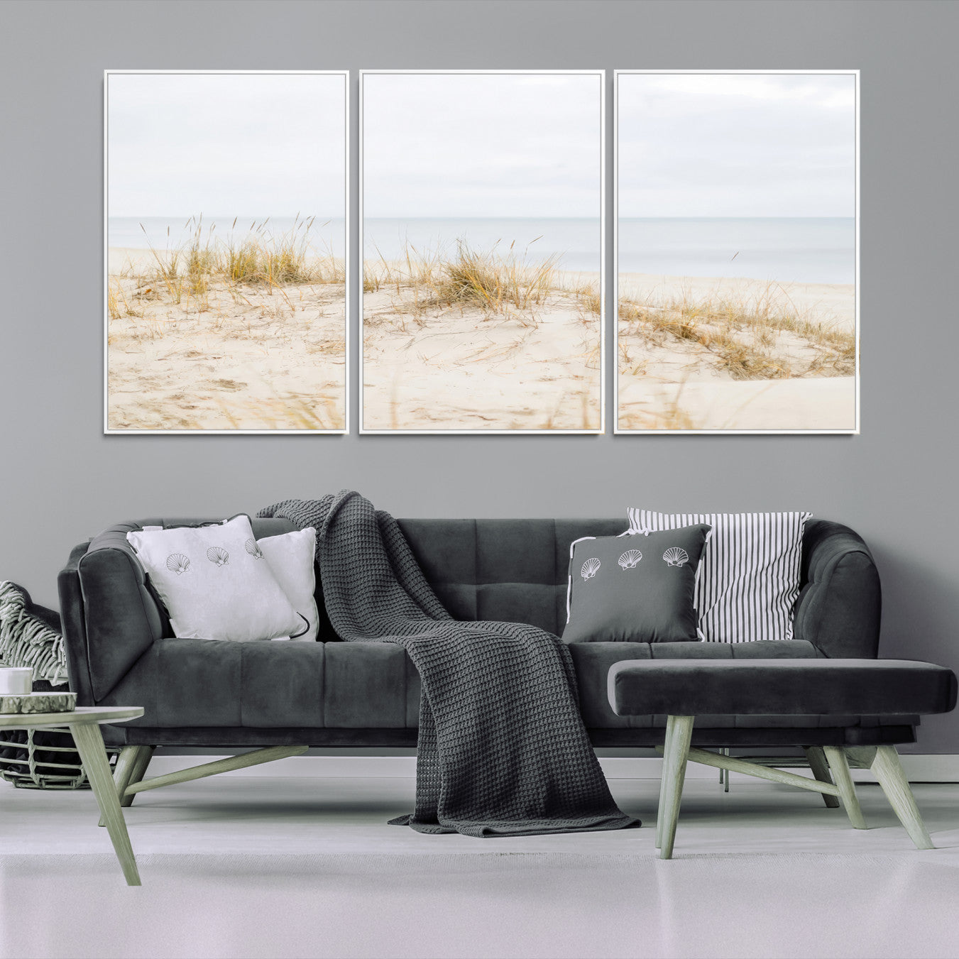 13146857-MGV-FC-60X30-3P-Beach Dunes Wall Art Canvas Print – Framed Serene Coastal Grass and Sand Scene Artwork for Home, Office, Living Room