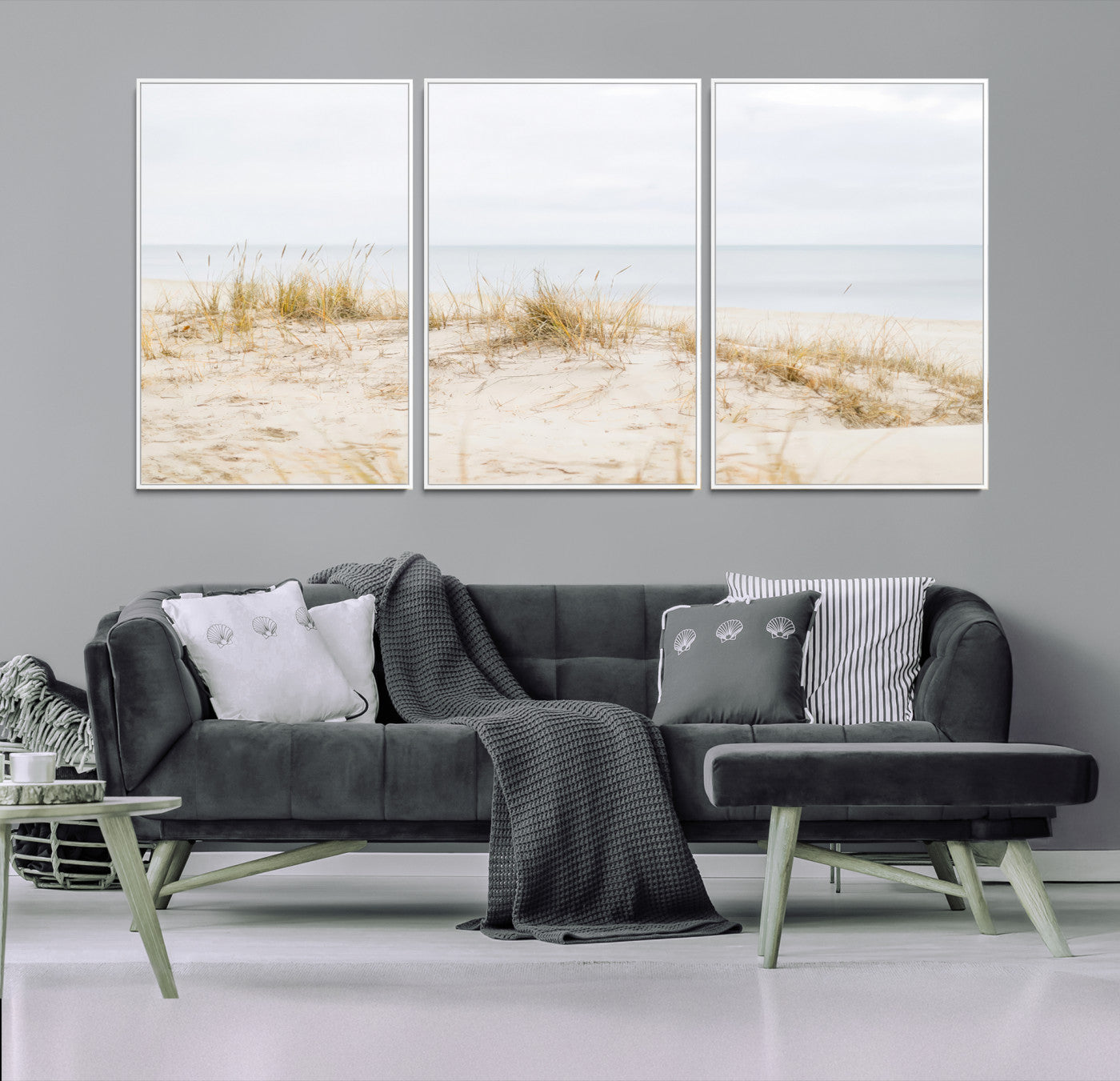 13146857-MGV-FC-60X30-3P-Beach Dunes Wall Art Canvas Print, Framed Coastal Grass Art Picture Print, Sand Perfect Minimalist