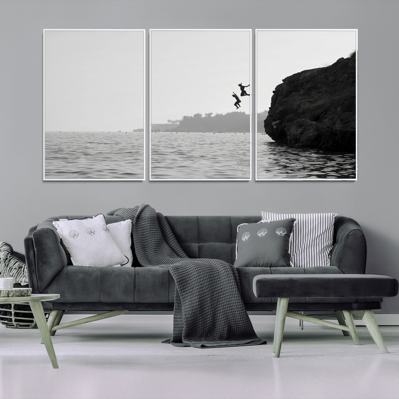 52284302-MGV-FC-60X30-3P-Jumping Wall Art Canvas Print – Framed Coastal Ocean Scene Artwork for Relaxing Beach Home, Office Decor