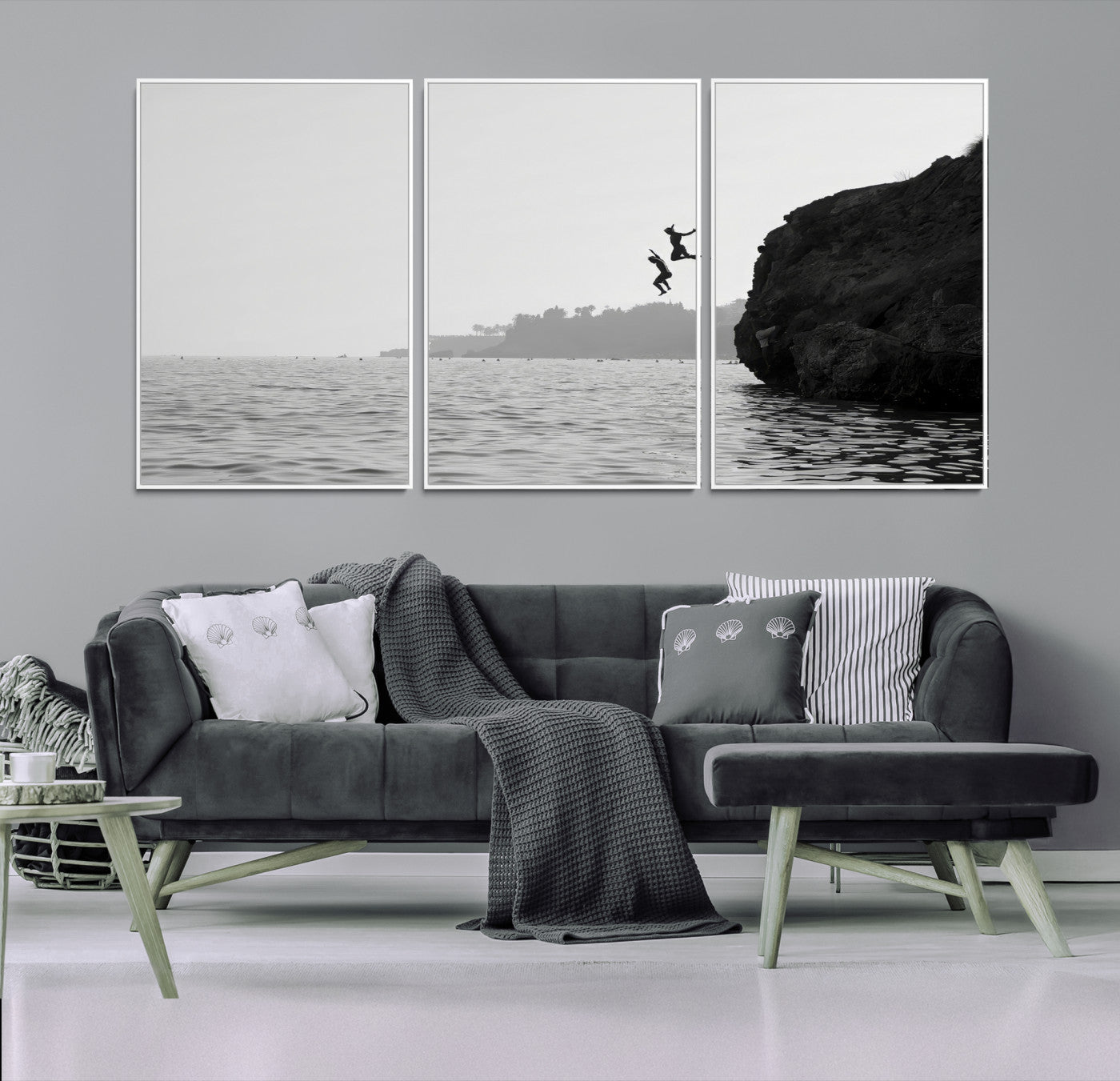 52284302-MGV-FC-60X30-3P-Jumping Wall Art Canvas Print – Framed Coastal Ocean Scene Artwork for Relaxing Beach Home, Office Decor