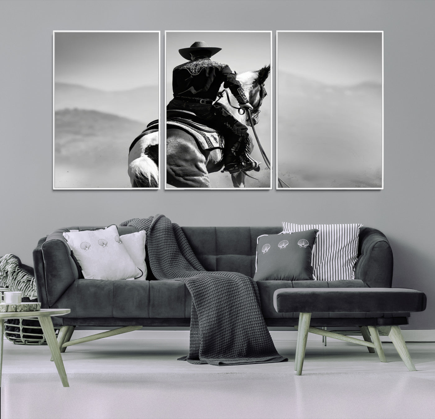 83102464-MGV-FC-60X30-3P-Western Wall Art Canvas Print – Framed Cowboy and Horse Scene Artwork for Rustic Western Home, Office Decor