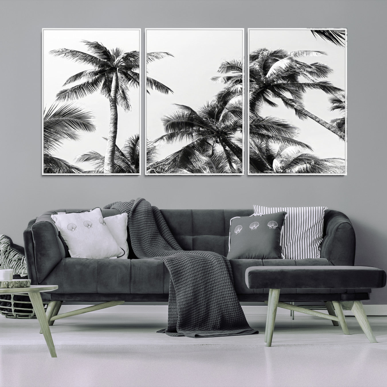 46641801-MGV-FC-60X30-3P-Palm Wall Art Canvas Print – Framed Monochrome Tropical Scene Artwork for Minimalist Home, Office, Living Room Decor