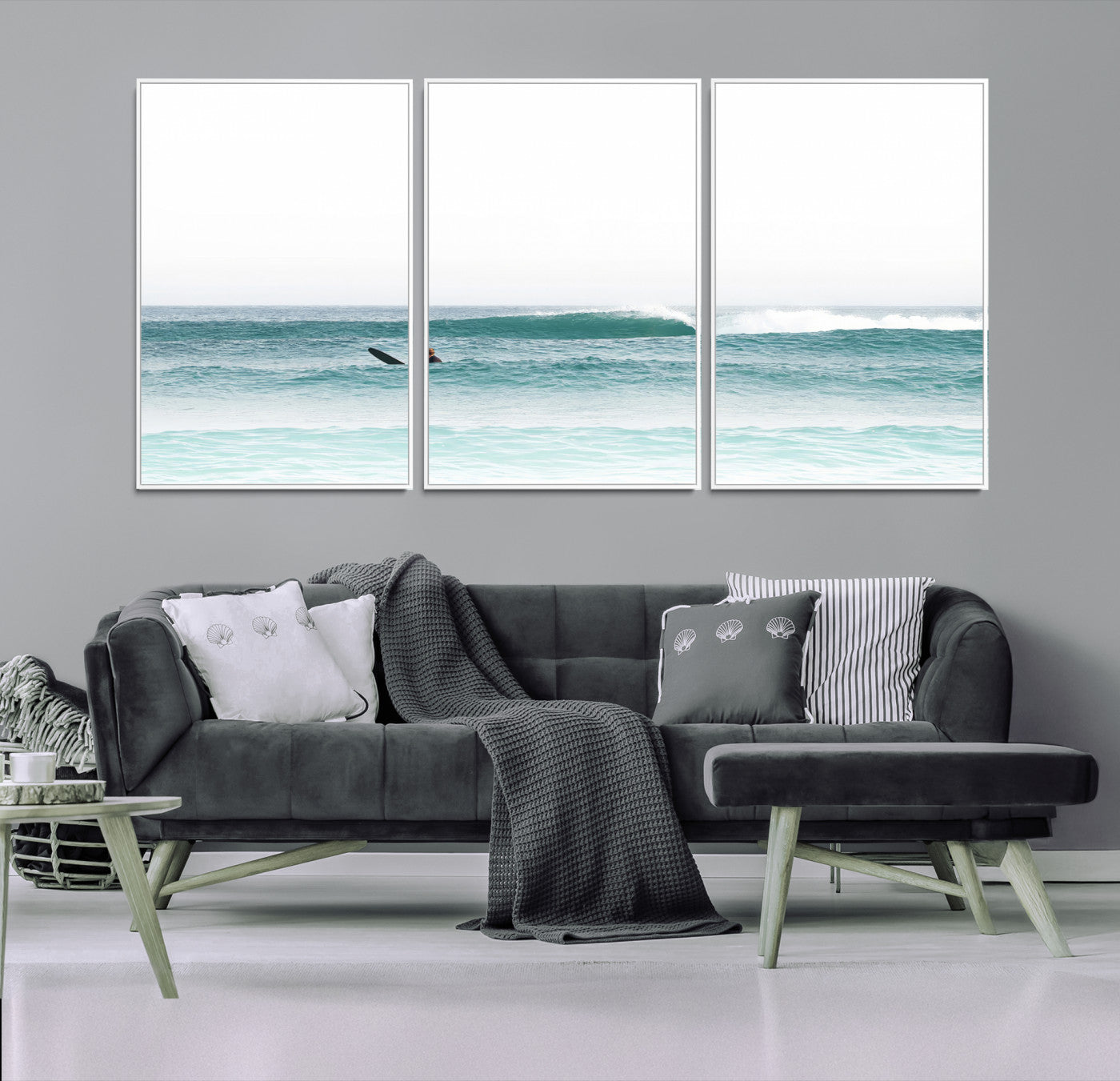 56345117-MGV-FC-60X30-3P-Surfing Wall Art Canvas Print, Framed Ocean Art Picture Print, Waves Perfect Minimalist Decor for Living Room, Bedroom or Office