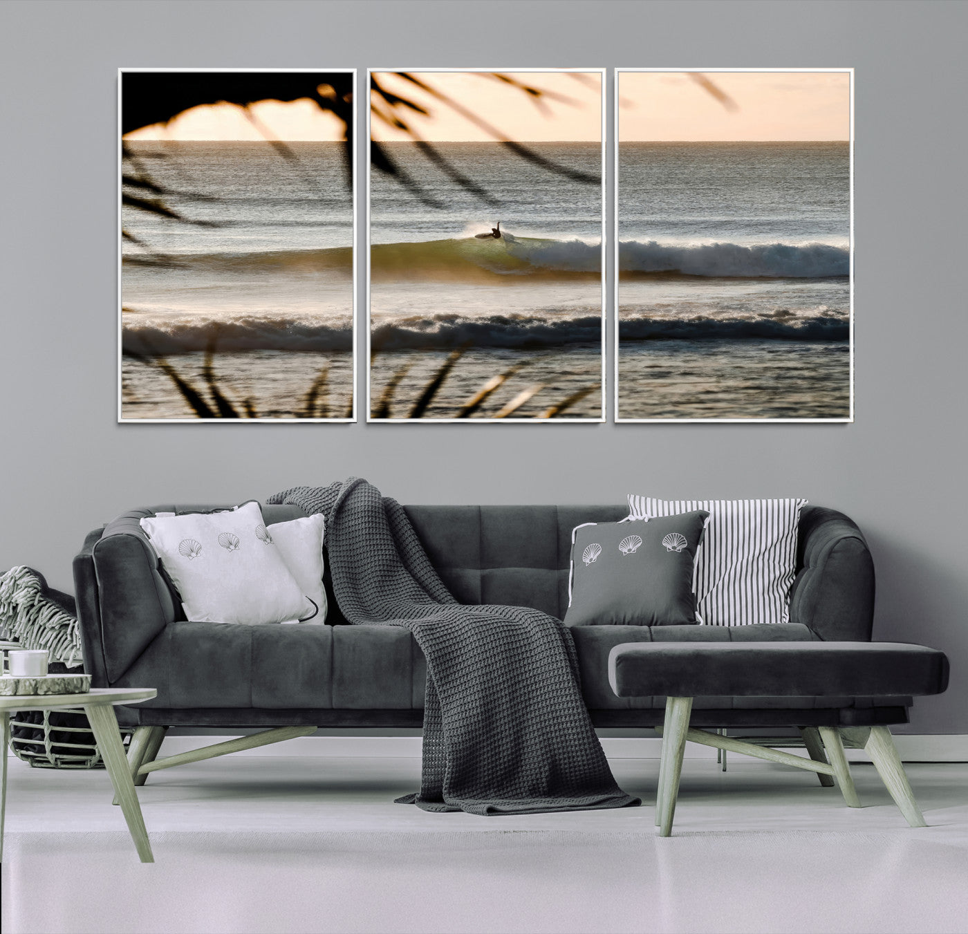 24896468-MGV-FC-60X30-3P-Sunset Surf Wall Art Canvas Print – Framed Golden Hour Waves Scene Artwork for Boho Home, Office, Living Room Decor