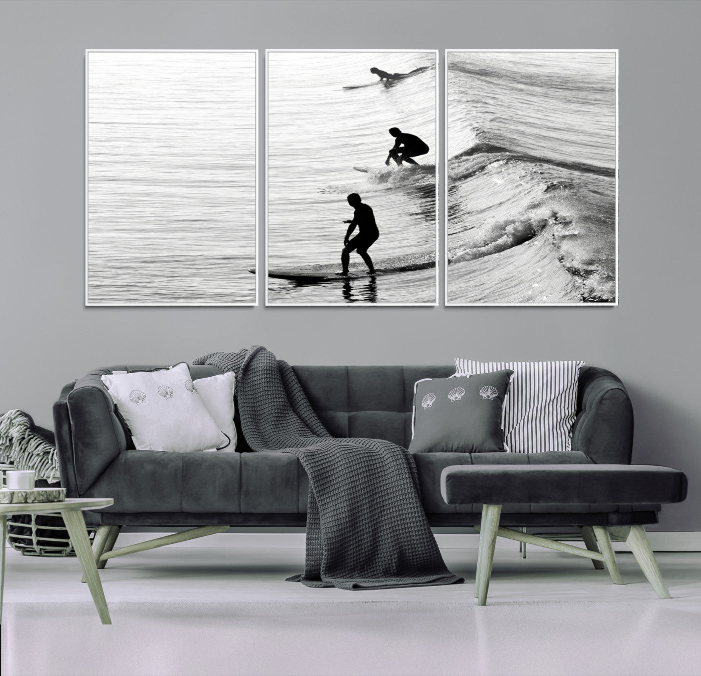 19875284-MGV-FC-60X30-3P-Surfers on Waves Wall Art Canvas Print, Framed Black White Surf Art Picture Print, Monochrome Ocean