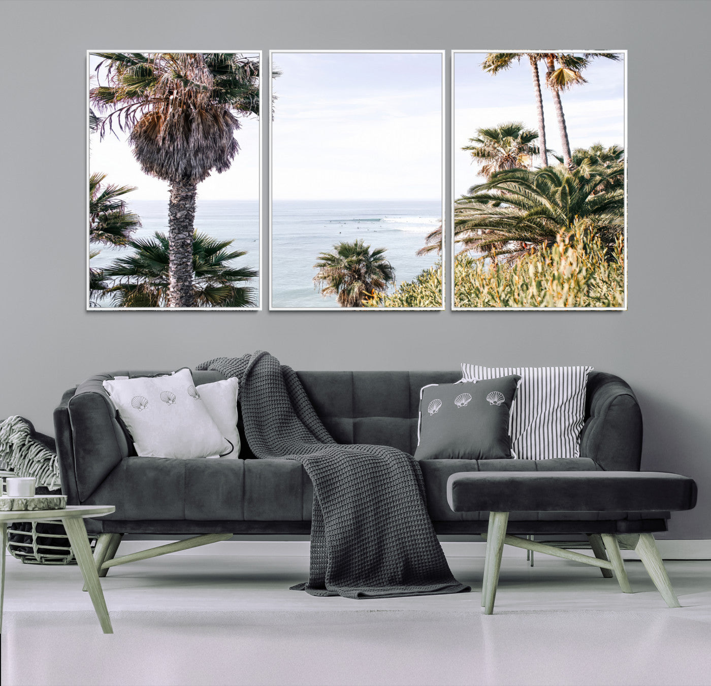 51404565-MGV-FC-60X30-3P-Coastal Palm Trees Wall Art Canvas Print – Framed Ocean Breeze Tropical Scene Artwork for Relaxing Home, Office Decor