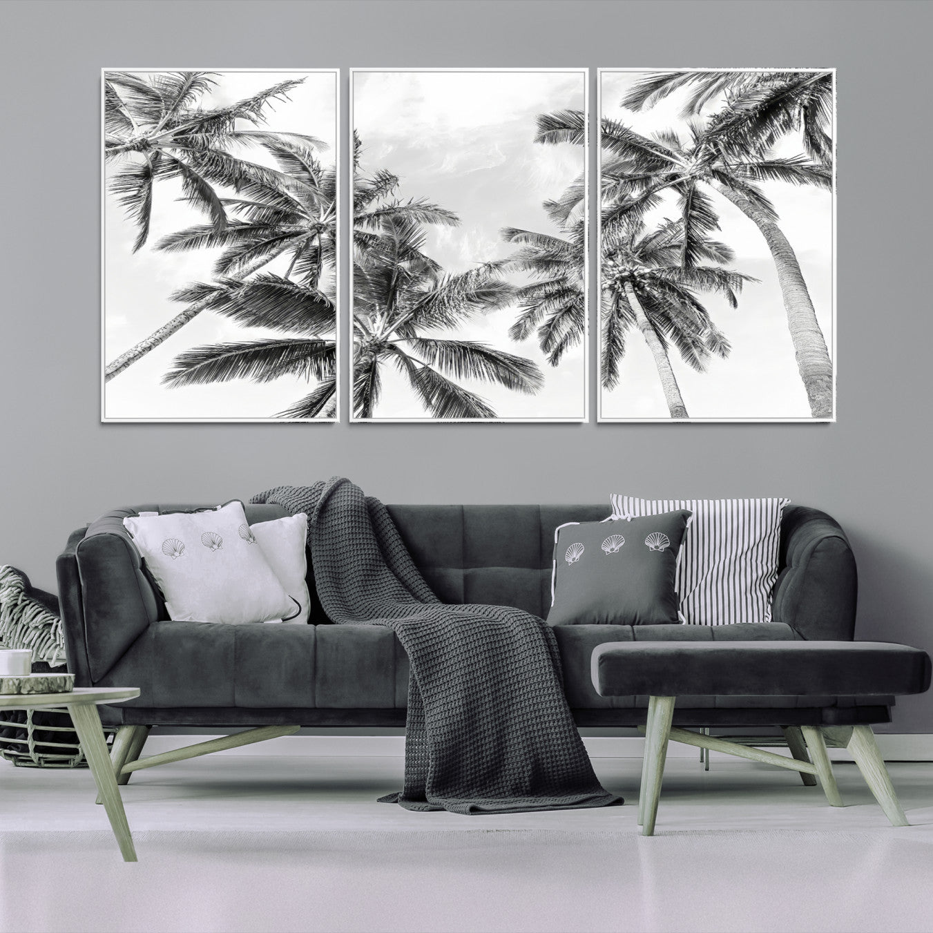62113786-MGV-FC-60X30-3P-Black and White Palm Wall Art Canvas Print – Framed Monochrome Tropical Beach Scene Artwork for Modern Home, Office Decor