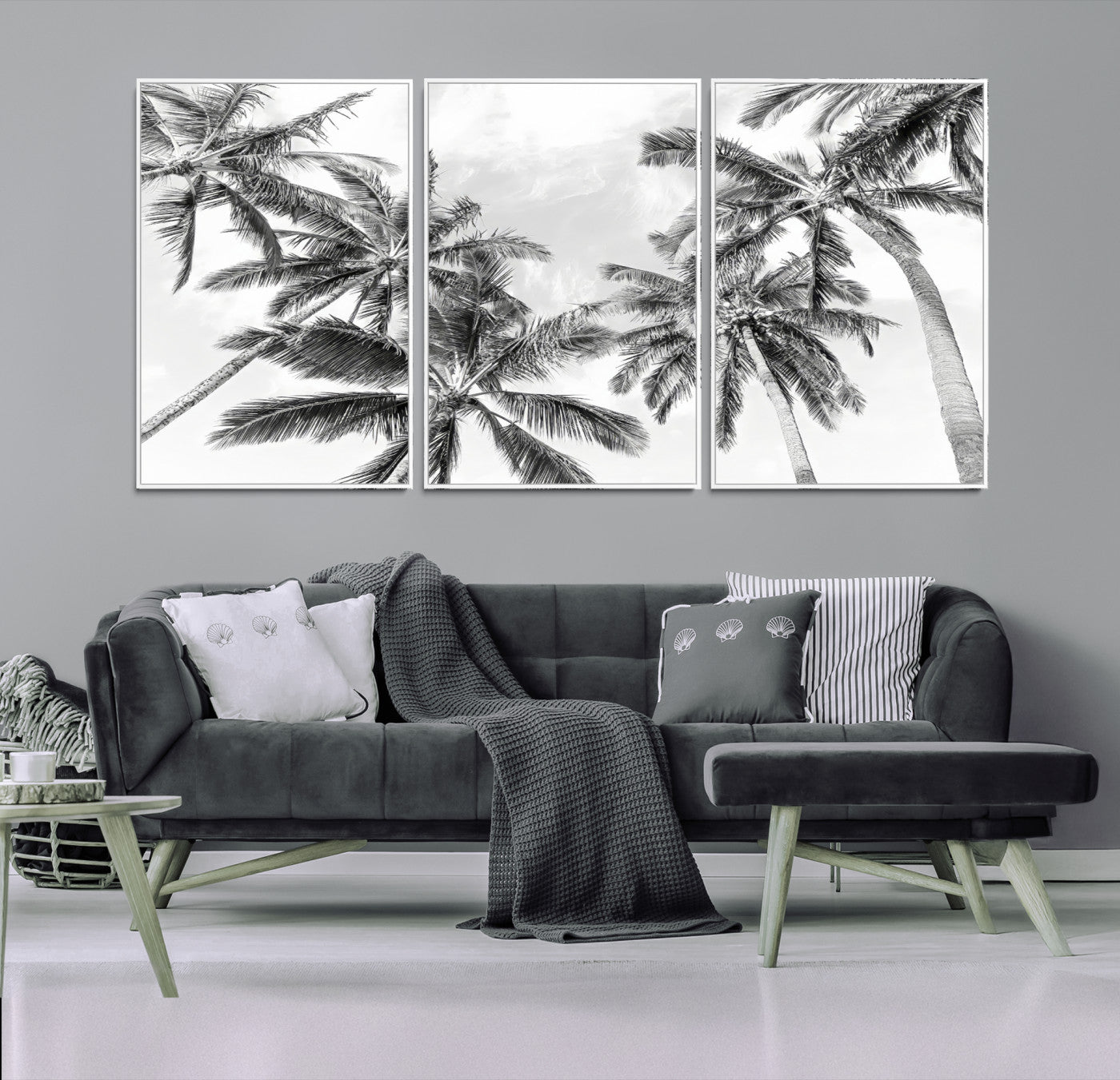 62113786-MGV-FC-60X30-3P-Black and White Palm Wall Art Canvas Print – Framed Monochrome Tropical Beach Scene Artwork for Modern Home, Office Decor