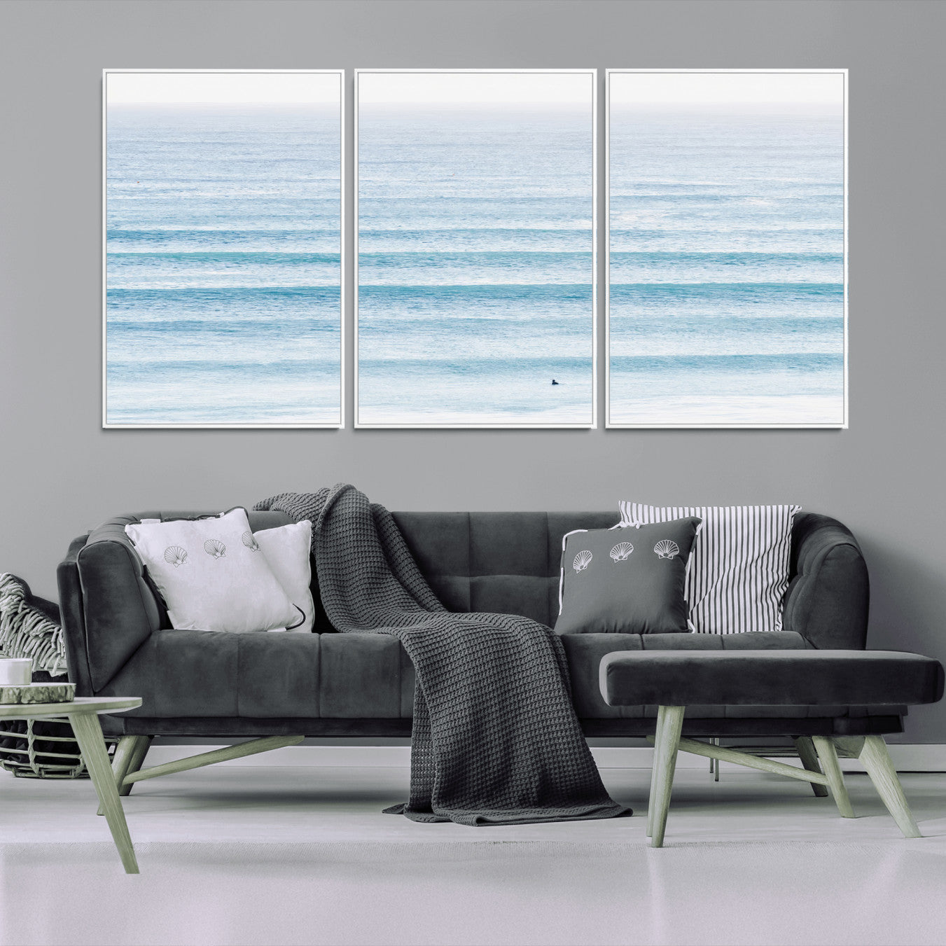 77145995-MGV-CV-36X24-Ocean Wave Surfer Wall Art – Framed Minimal Seascape Canvas Artwork, Calm Blue Water Design, Coastal Decor for Home, Office