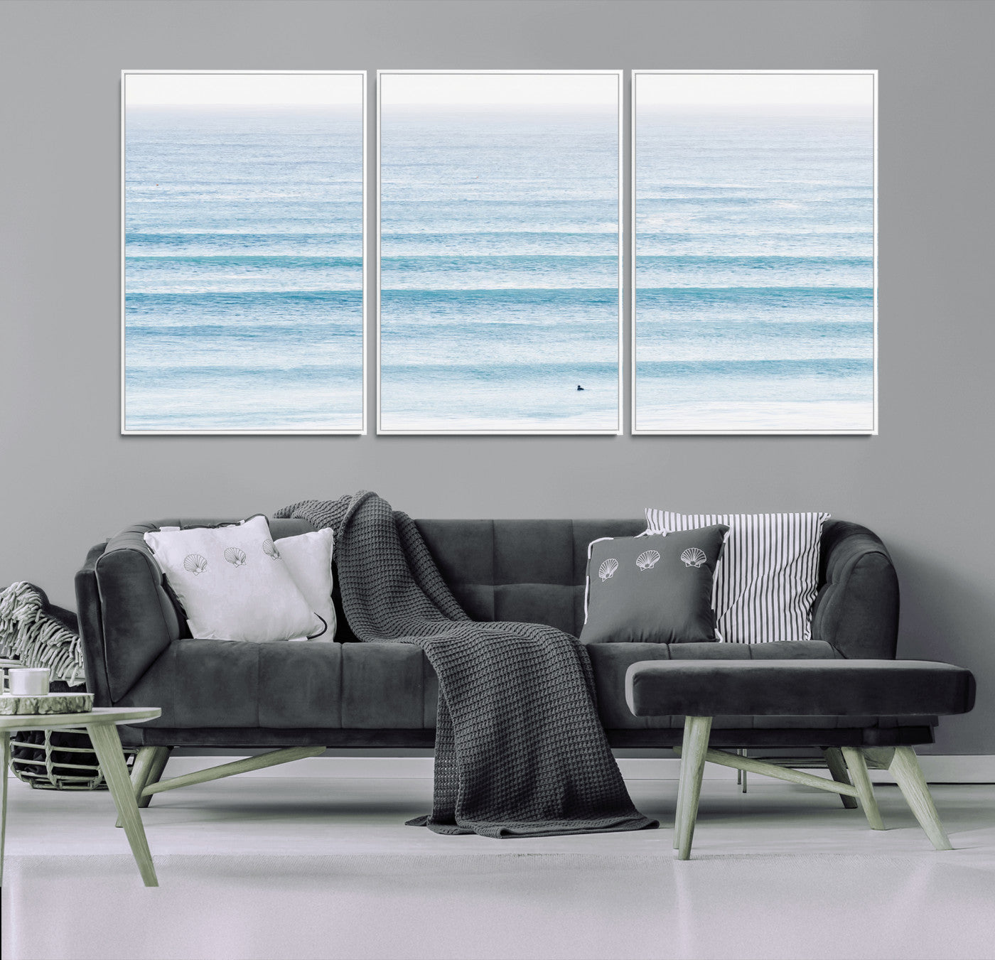 77145995-MGV-CV-36X24-Ocean Wave Surfer Wall Art – Framed Minimal Seascape Canvas Artwork, Calm Blue Water Design, Coastal Decor for Home, Office