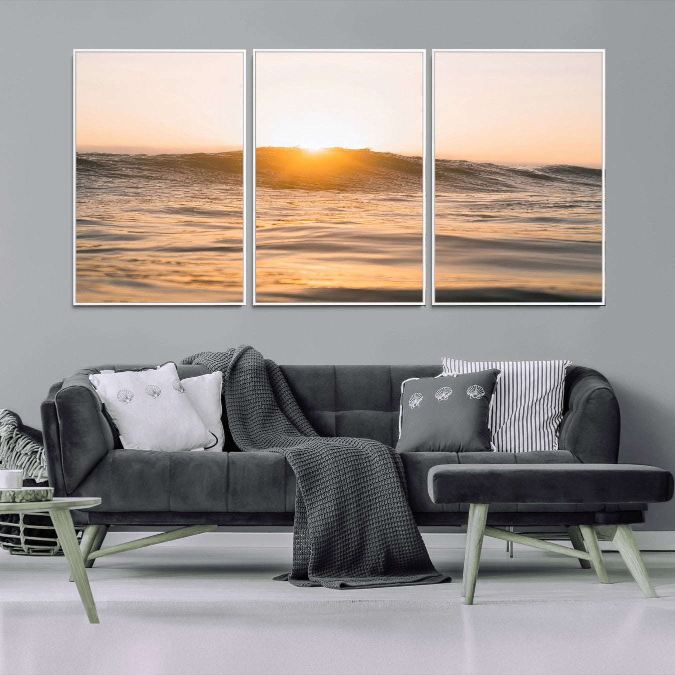16973771-MGV-CV-36X24-Calm Water Wall Art – Framed Sunset Waves Canvas Artwork, Coastal Warm Design, Minimal Ocean Decor for Home, Office
