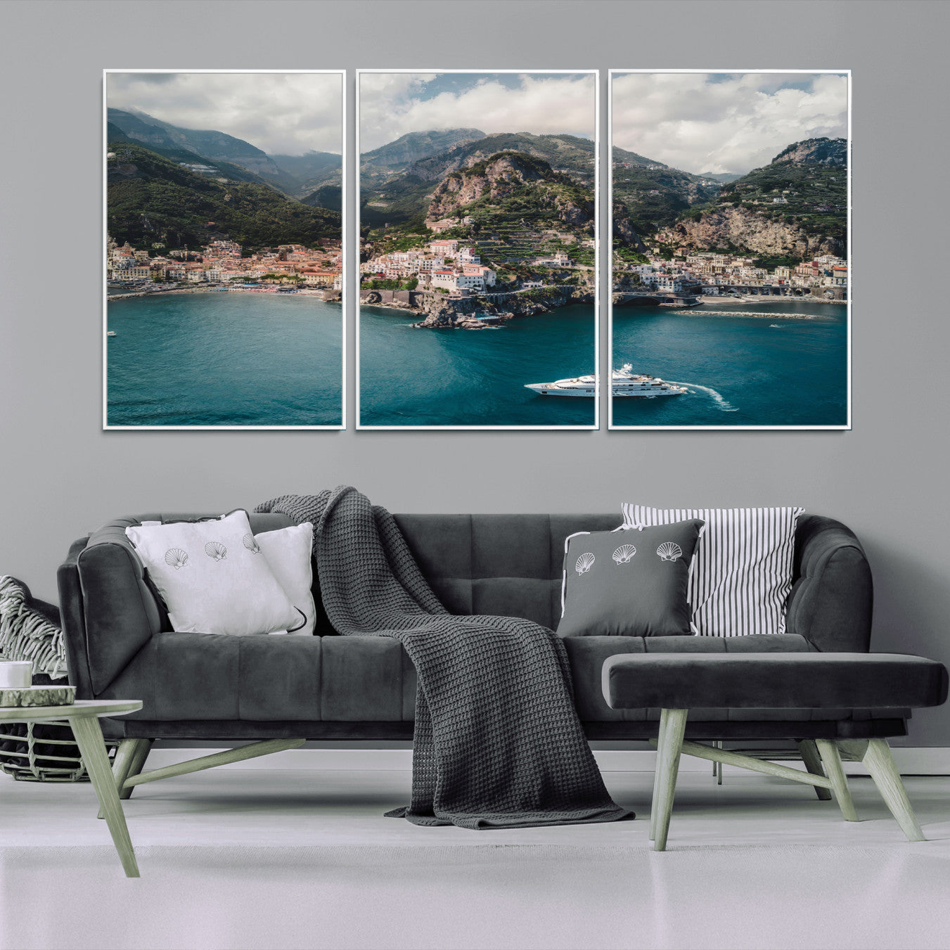 20321590-MGV-CV-36X24-Amalfi Coast Wall Art – Framed Italian Seaside Canvas Artwork, Mediterranean Landscape Design, Coastal Decor for Home, Office