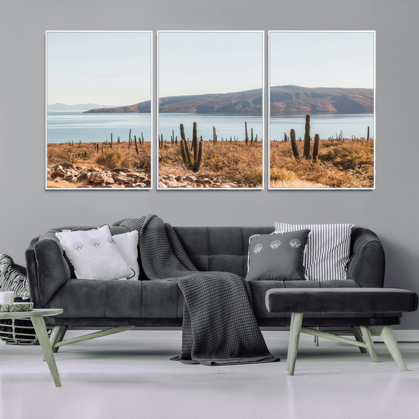 MGV-FC-60X30-3P - Desert Cactus Wall Art Canvas Print, Framed Baja Coastline Art Picture Print, Coastal Desert Perfect Southwestern Minimalist Decor Artwork