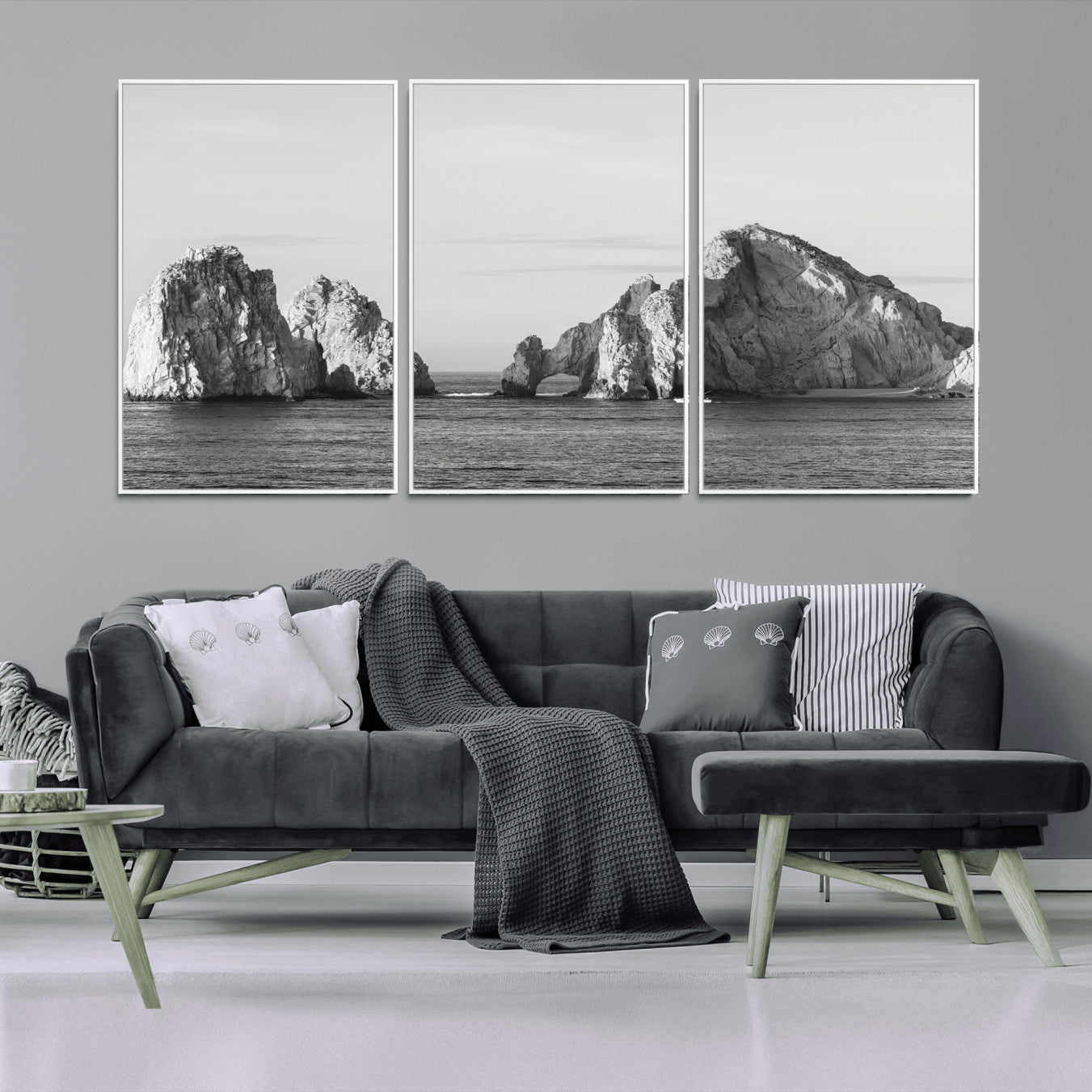 MGV-FC-60X30-3P - Rugged Coastline Wall Art Canvas Print, Framed Ocean Cliffs Art Picture Print, Monochrome Seascape Perfect Coastal Minimalist Decor Artwork