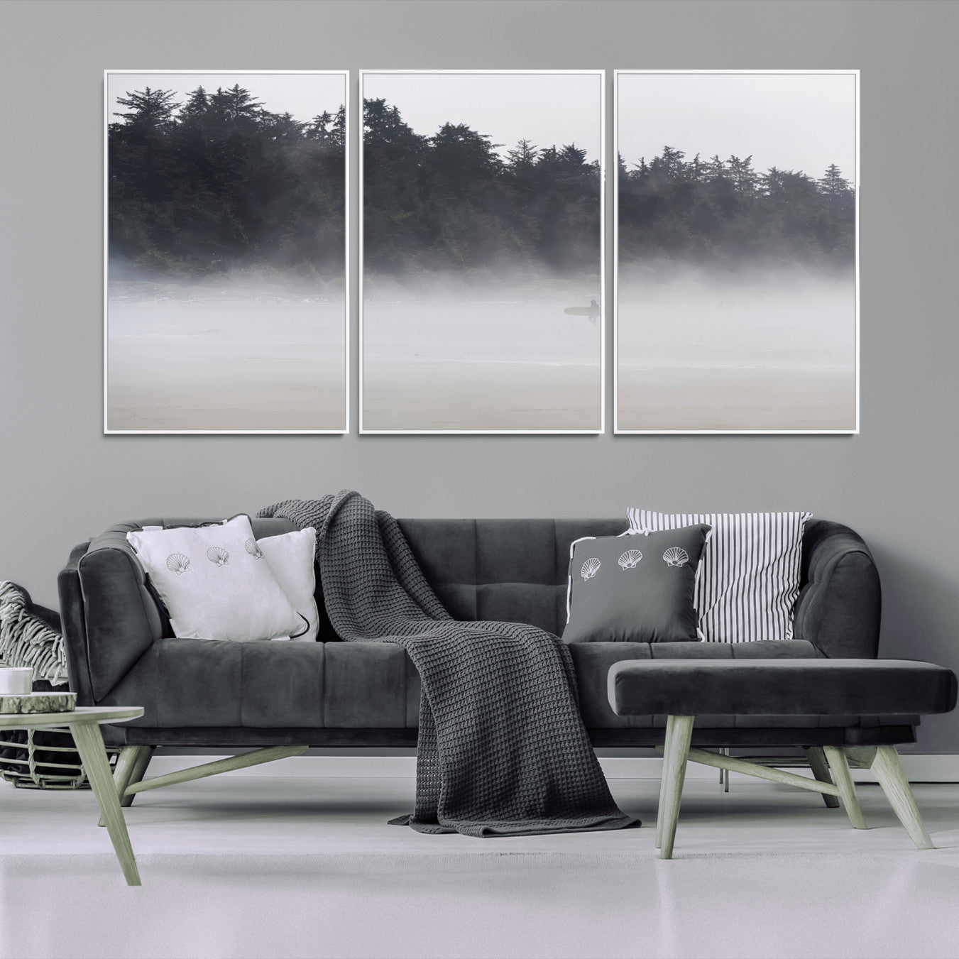 59703275-MGV-CV-36X24-Surfer Fog Wall Art Canvas Print – Framed Foggy Beach Scene with Coastal Surf Artwork for Home, Office, Living Room