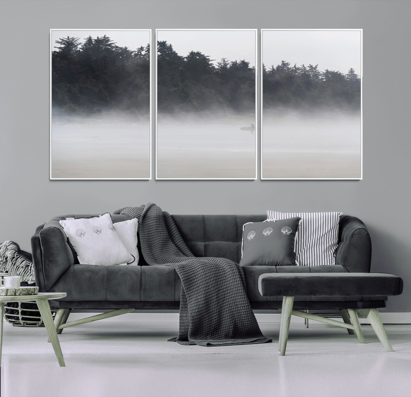 59703275-MGV-CV-36X24-Surfer Fog Wall Art Canvas Print – Framed Foggy Beach Scene with Coastal Surf Artwork for Home, Office, Living Room