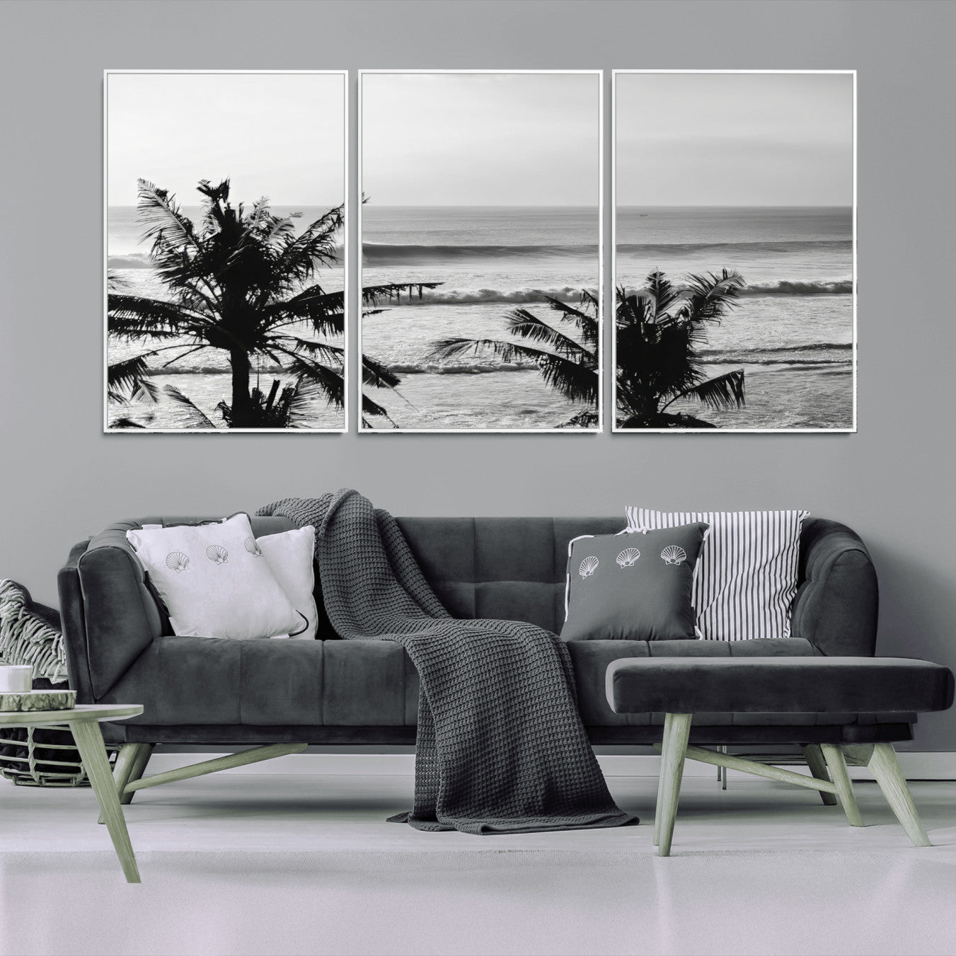 17508038-MGV-CV-36X24-Tropical Coastline Wall Art Canvas Print – Framed Palm Trees Scene with Ocean Waves Artwork for Home, Office