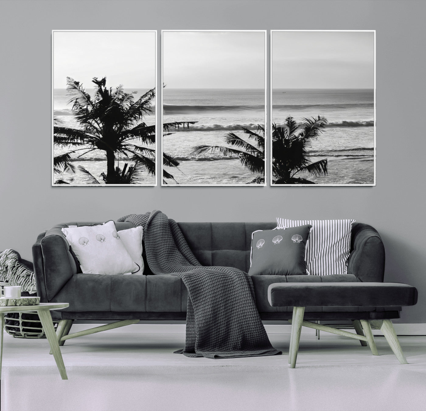 17508038-MGV-CV-36X24-Tropical Coastline Wall Art Canvas Print – Framed Palm Trees Scene with Ocean Waves Artwork for Home, Office