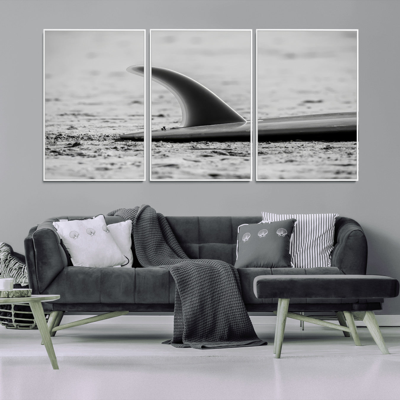 MGV-FC-60X30-3P - Black White Surfboard Wall Art Canvas Print, Framed Minimalist Beach Art Picture Print, Surf Fin Perfect Minimalist Coastal Decor Artwork