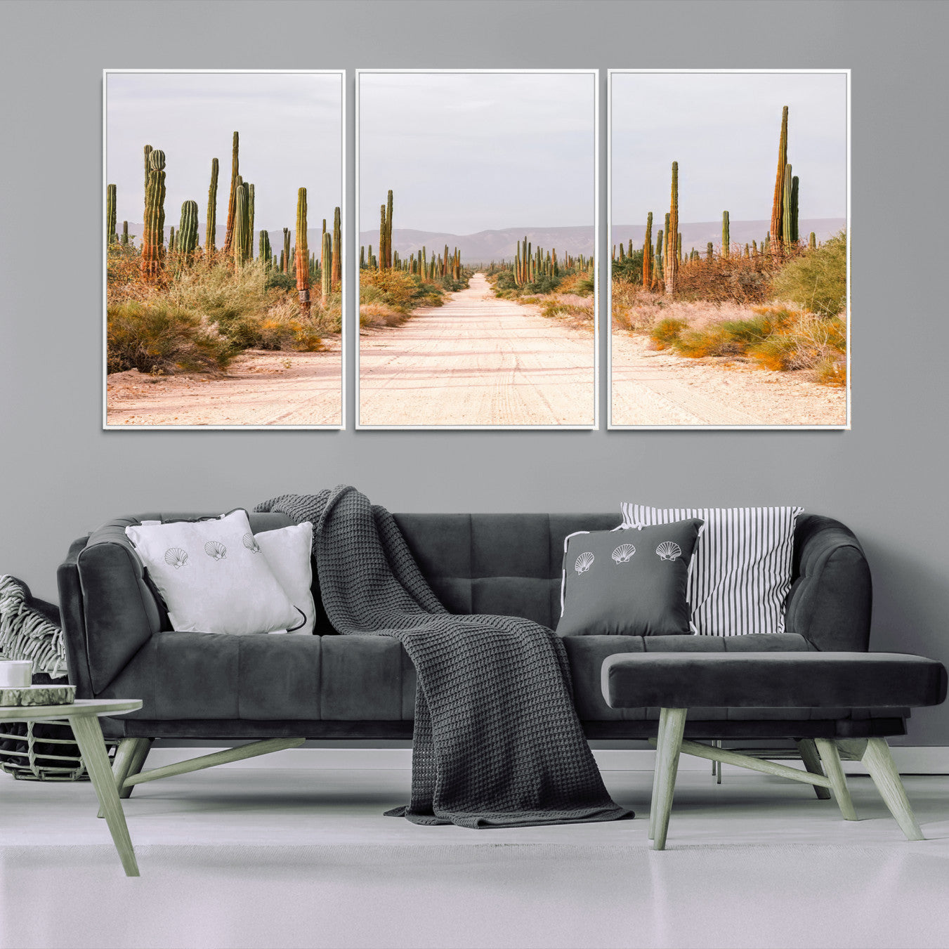 MGV-FC-60X30-3P - Desert Cactus Lined Road Wall Art Canvas Print, Framed Southwestern Landscape Art Picture Print, Bohemian Western Aesthetic Perfect Southwestern Boho Decor Artwork