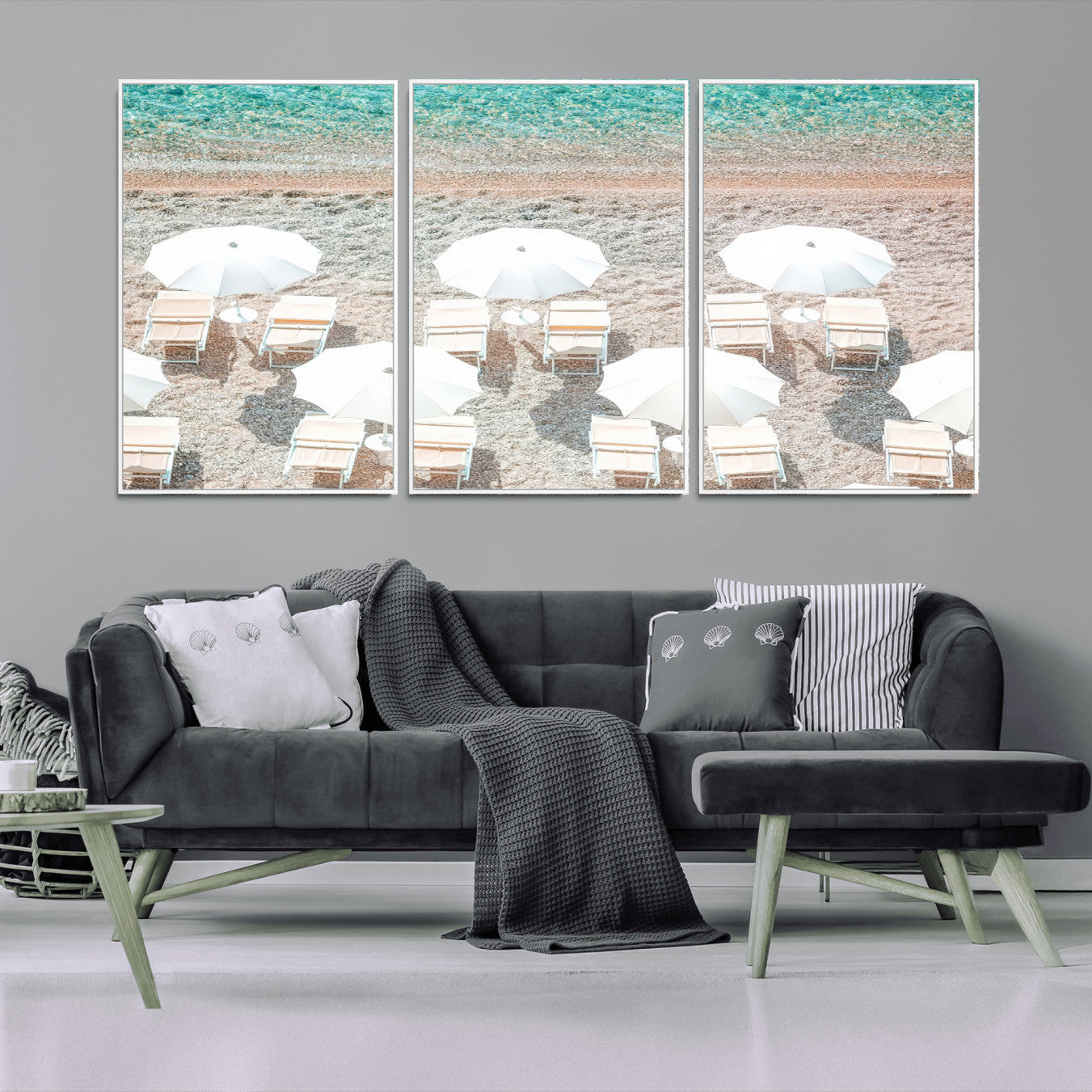 MGV-FC-60X30-3P - Calm Beach Wall Art Canvas Print, Framed Turquoise Water Art Picture Print, Umbrella Shoreline Perfect Coastal Minimalist Decor Artwork