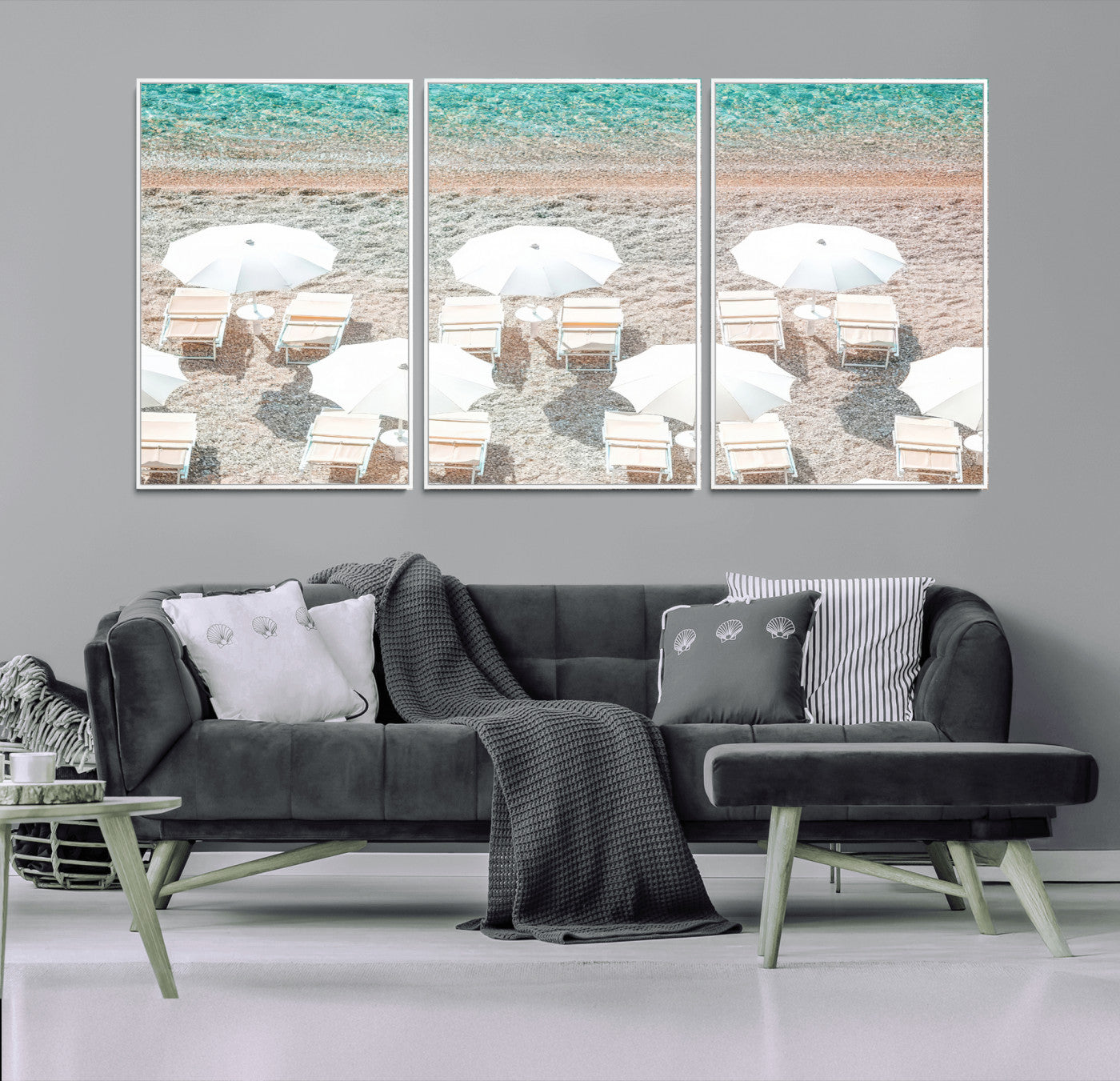 MGV-FC-60X30-3P - Calm Beach Wall Art Canvas Print, Framed Turquoise Water Art Picture Print, Umbrella Shoreline Perfect Coastal Minimalist Decor Artwork