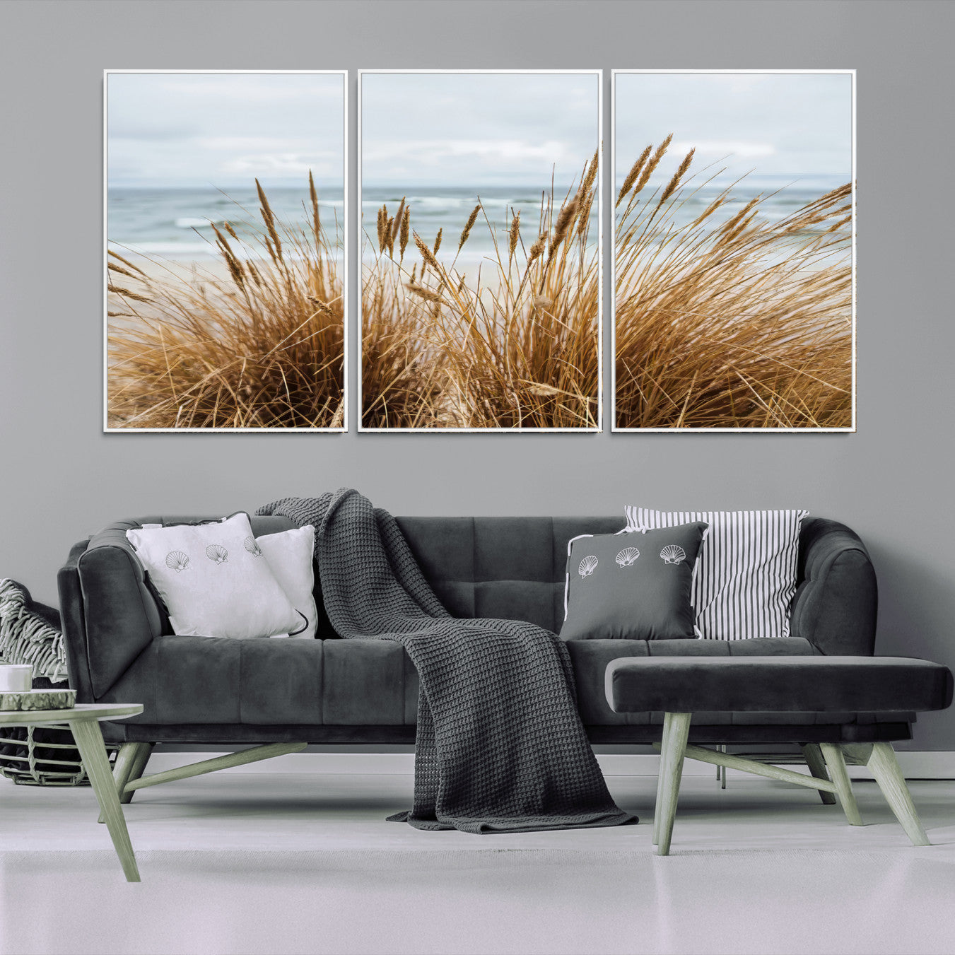 14270839-MGV-FC-60X30-3P_White-Beach Grass Wall Art – Framed Coastal Dunes Canvas Artwork, Minimal Seaside Design, Modern Coastal Decor for Home, Office