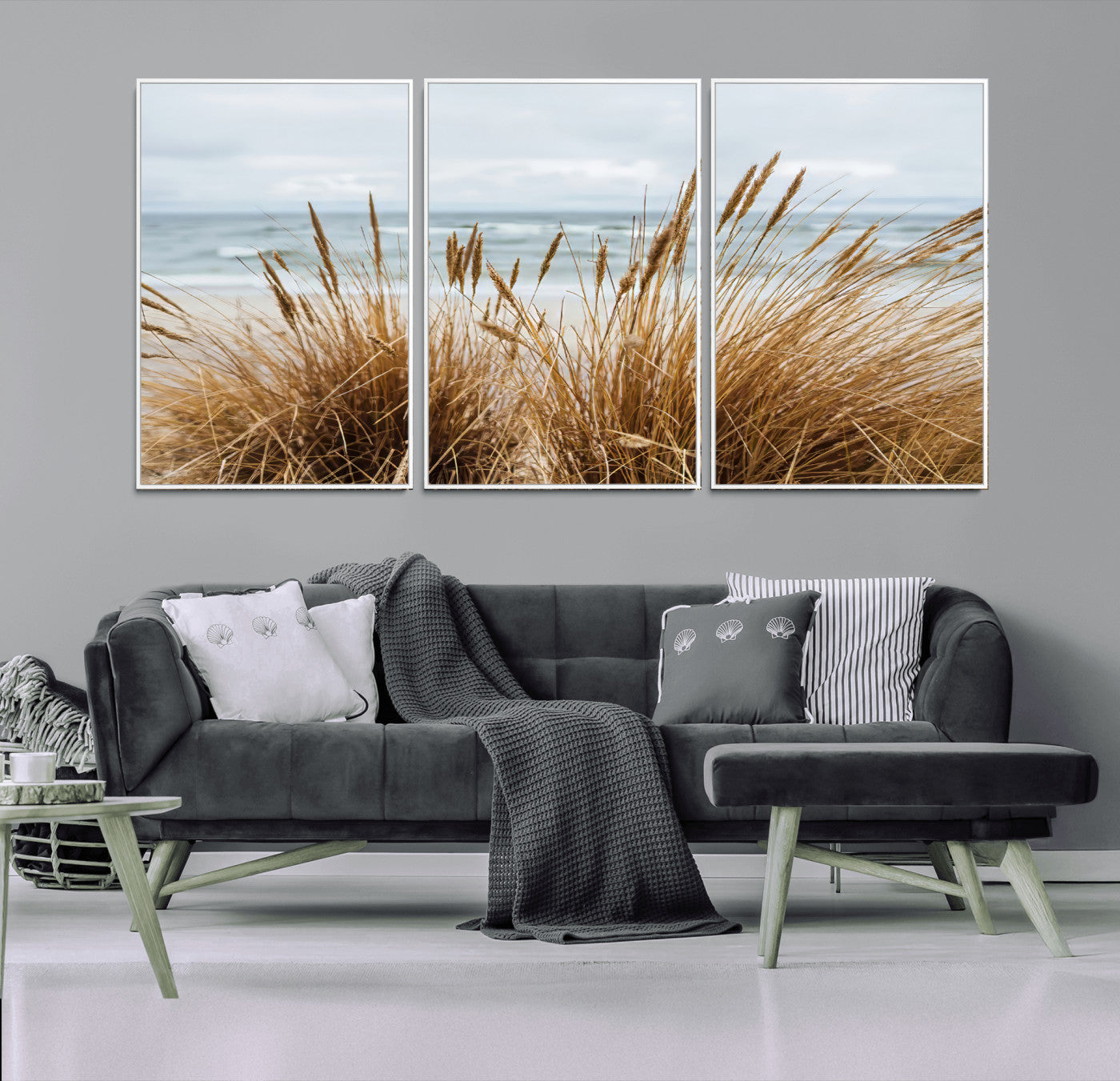 14270839-MGV-FC-60X30-3P_White-Beach Grass Wall Art – Framed Coastal Dunes Canvas Artwork, Minimal Seaside Design, Modern Coastal Decor for Home, Office