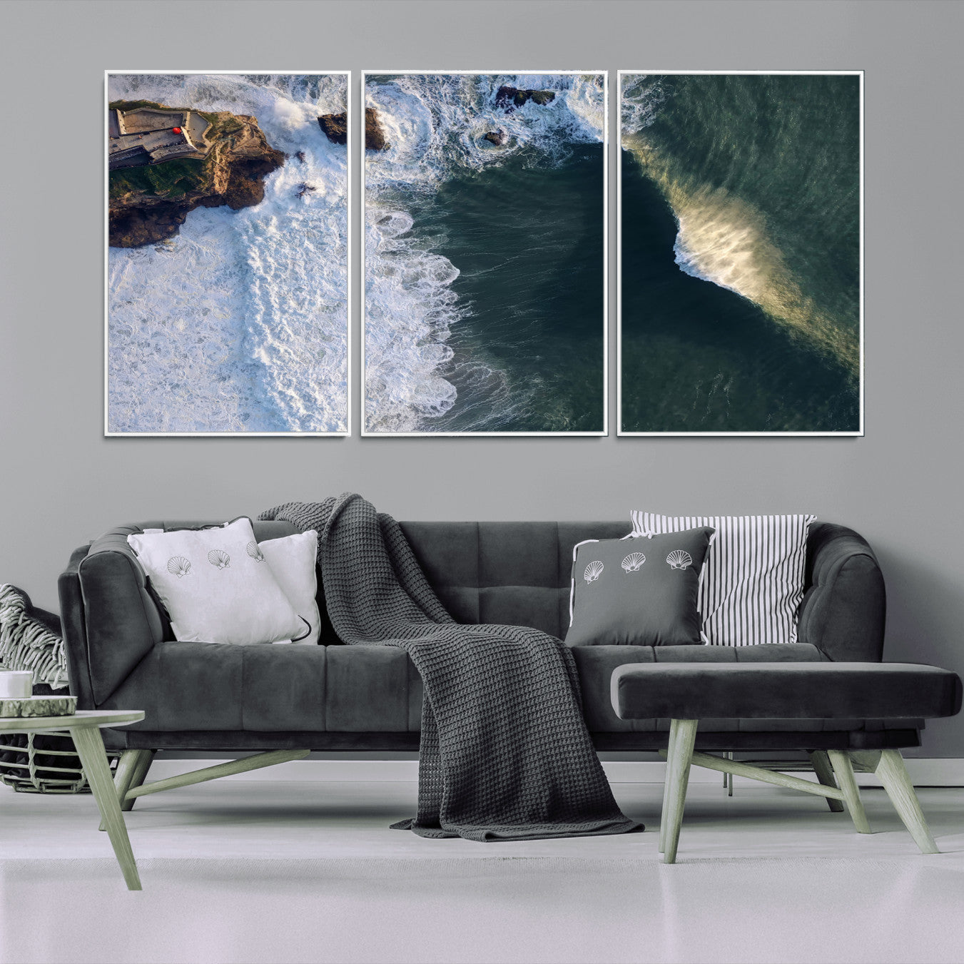 MGV-FC-60X30-3P - Nazaré Coast Wall Art Canvas Print, Framed Aerial Ocean Art Picture Print, Coastal Fortress Perfect Dramatic Coastal Decor Artwork