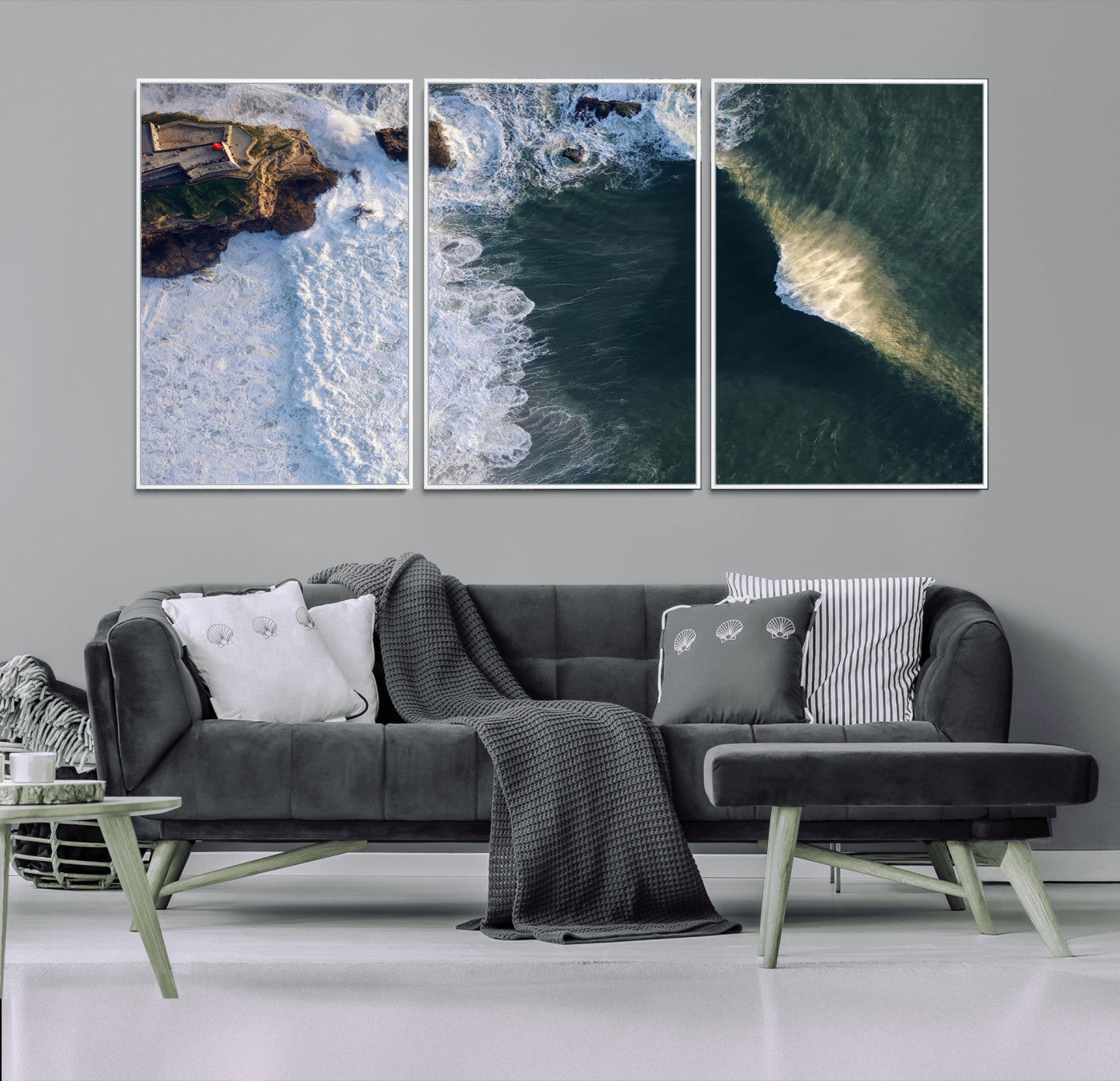 MGV-FC-60X30-3P - Nazaré Coast Wall Art Canvas Print, Framed Aerial Ocean Art Picture Print, Coastal Fortress Perfect Dramatic Coastal Decor Artwork