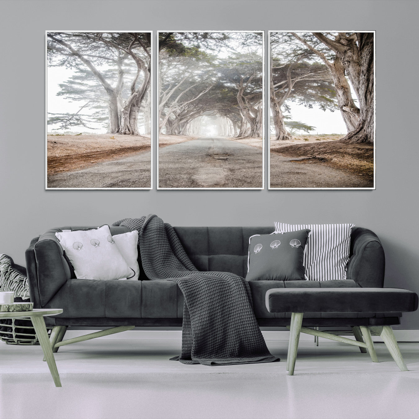 87090469-MGV-FC-60X30-3P_White-Cypress Tunnel Wall Art – Framed Misty Road Canvas Artwork, Foggy Trees Design, Rustic Woodland Nature Decor for Home, Office
