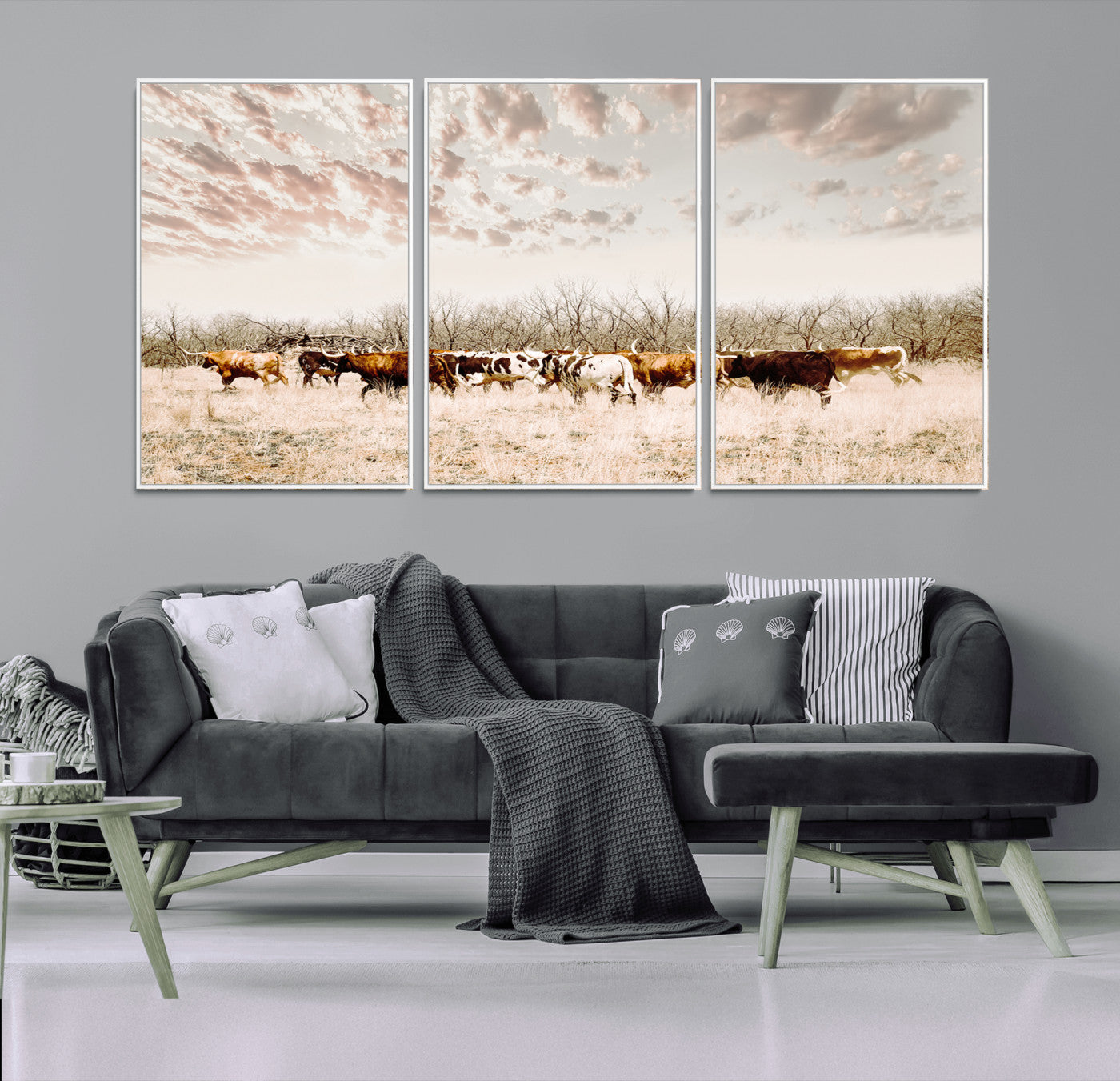 64892775-MGV-CV-36X24-Longhorn Cattle Wall Art Canvas Print – Framed Texas Ranch Scene with Western Cow Artwork for Home, Office