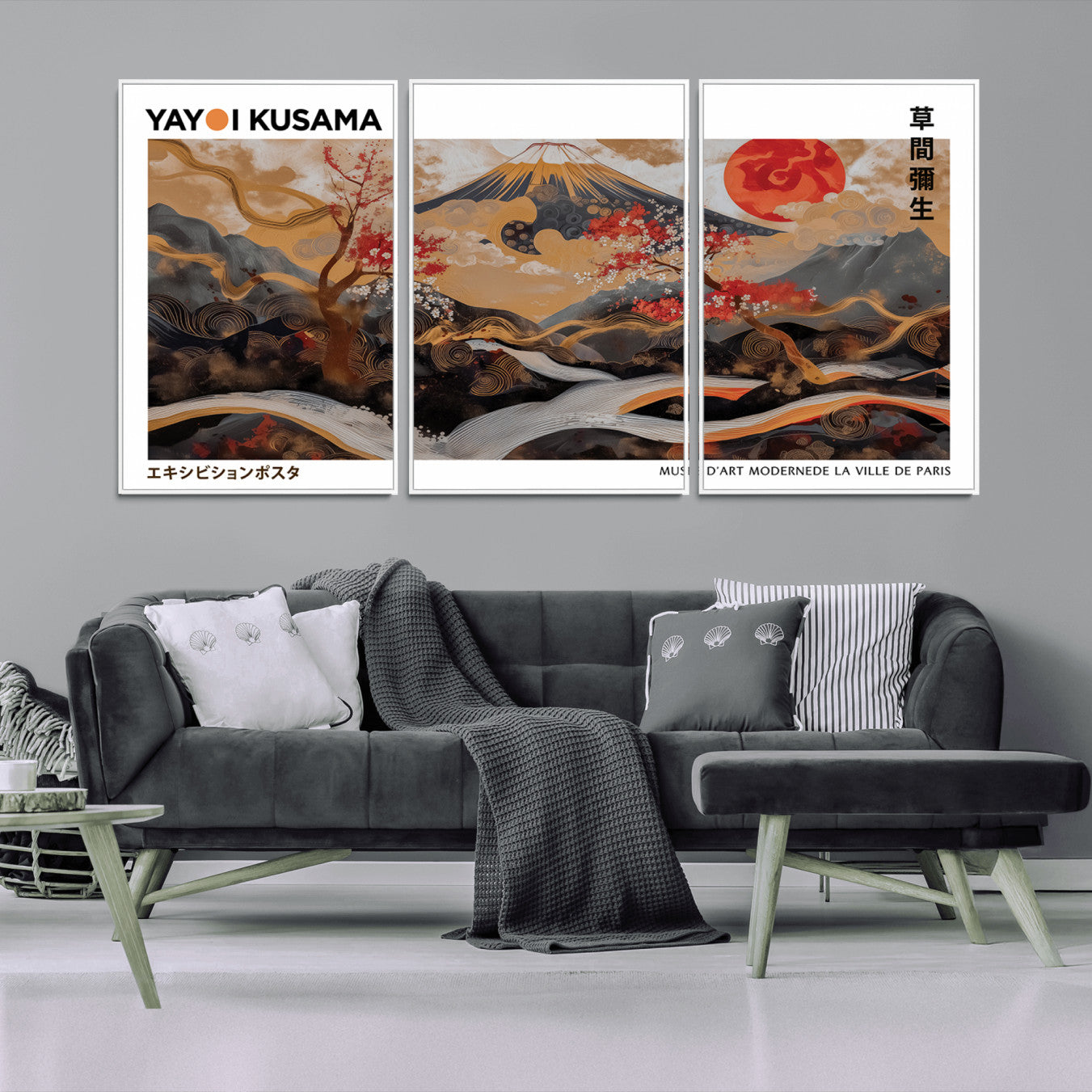 40959107-MGV-CV-36X24-Modern Japanese Wall Art Canvas Print – Framed Abstract Mount Fuji Scene Inspired Yayoi Kusama for Home, Office