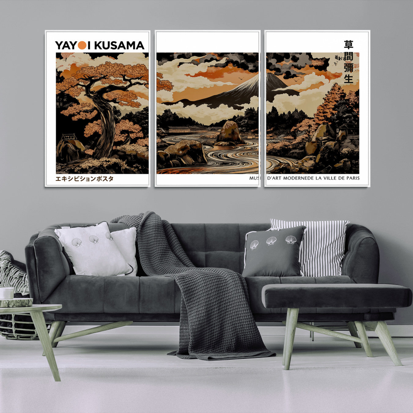 96372548-MGV-CV-36X24-Modern Japanese Wall Art Canvas Print – Framed Abstract Mount Fuji Scene with Yayoi Kusama Style Artwork for Home, Office