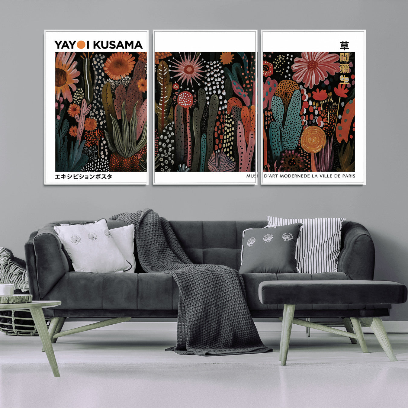 70632622-MGV-CV-36X24-Modern Japanese Wall Art Canvas Print – Framed Abstract Mount Fuji Scene with Yayoi Kusama Artwork for Home, Office