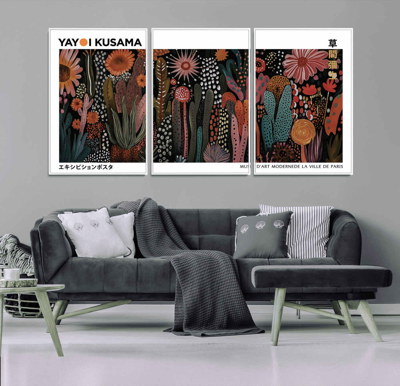 70632622-MGV-CV-36X24-Modern Japanese Wall Art Canvas Print – Framed Abstract Mount Fuji Scene with Yayoi Kusama Artwork for Home, Office