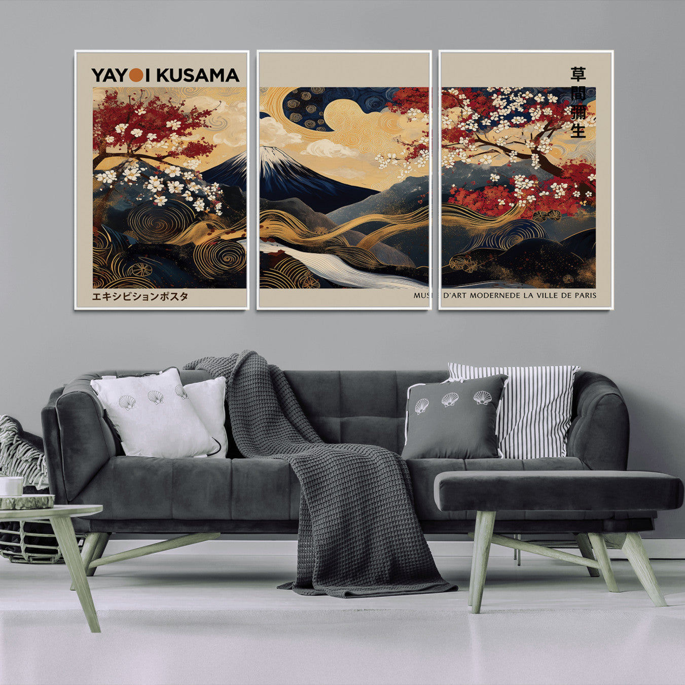 54967195-MGV-CV-36X24-Modern Japanese Wall Art Canvas Print – Framed Abstract Mount Fuji Scene with Yayoi Kusama Japanese Artwork for Home, Office