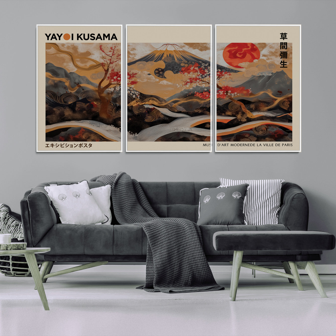 77970791-MGV-CV-36X24-Modern Japanese Wall Art Canvas Print – Framed Abstract Mount Fuji Scene with Yayoi Kusama Artwork for Home, Office