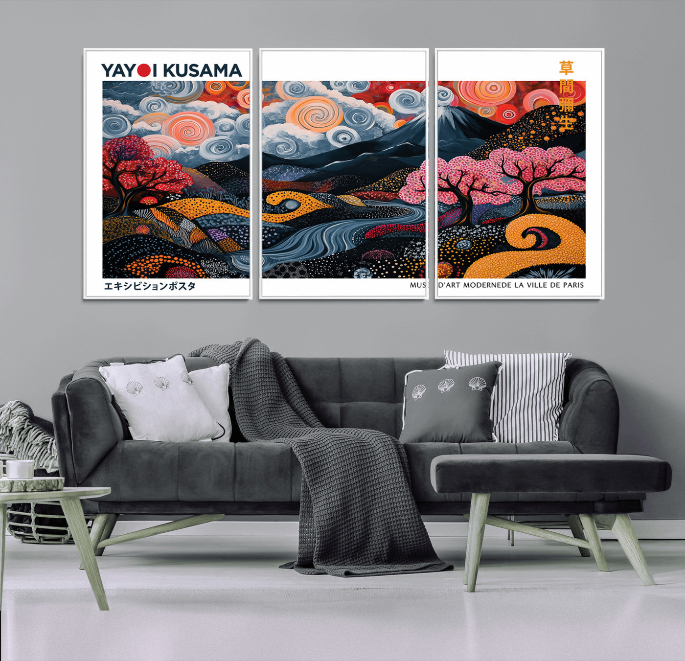 43879290-MGV-CV-36X24-Modern Japanese Wall Art Canvas Print – Framed Abstract Mount Fuji Scene with Yayoi Kusama Artwork for Home, Office