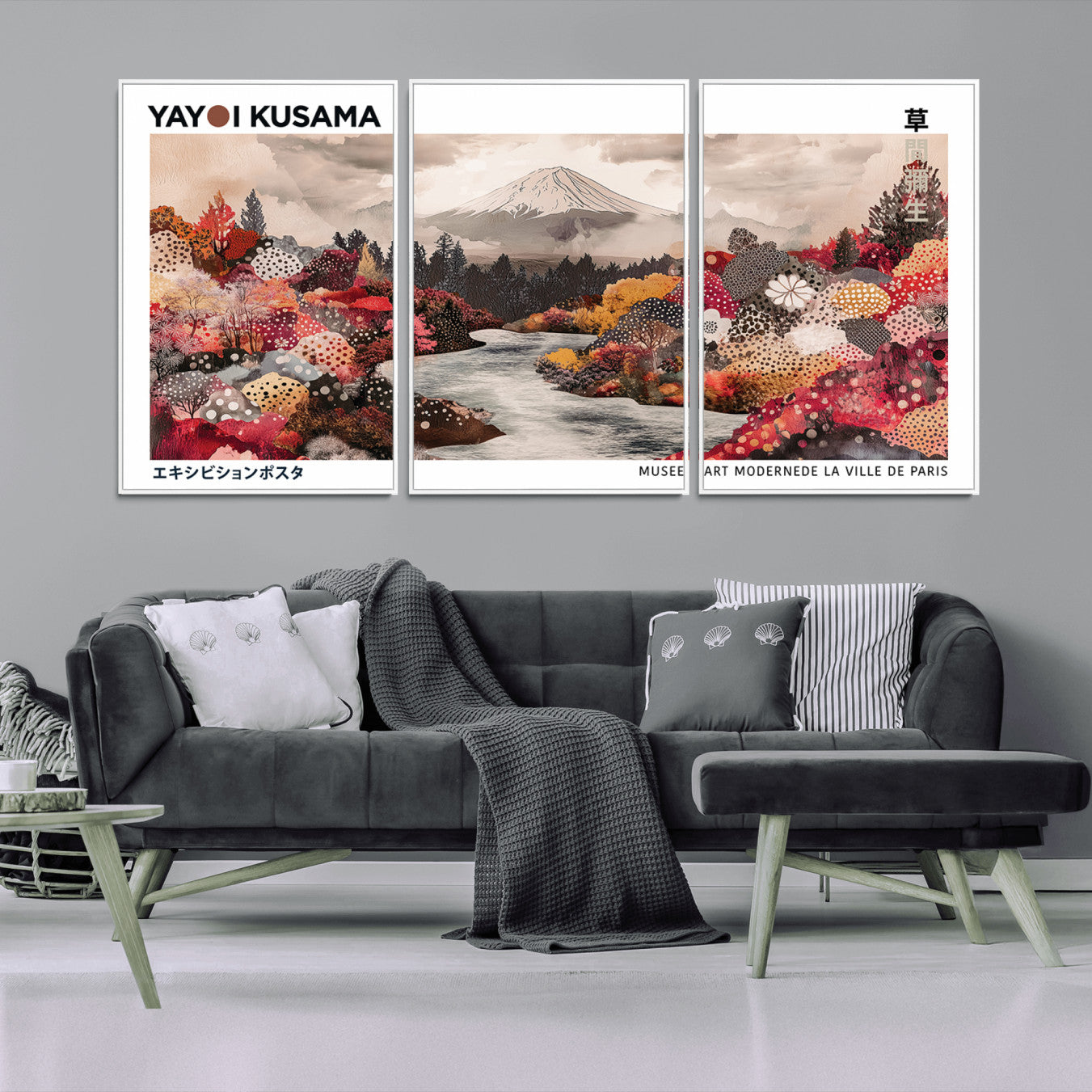 -Modern Japanese Wall Art Print, Yayoi Kusama Canvas Wall Art, Abstract Mount Fuji Art Canvas Print,