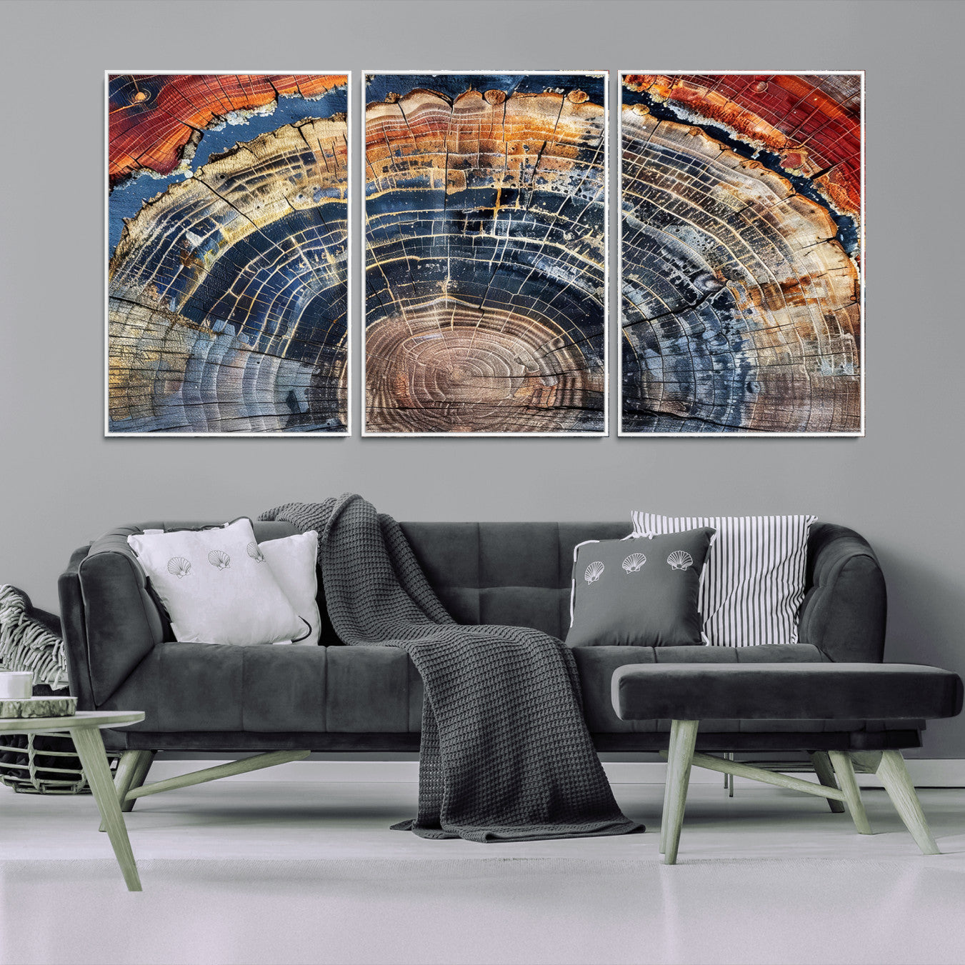 60292921-MGV-FC-60X30-3P - Vintage Tree Rings Wall Art Canvas Print – Framed Wood Art Picture Petrified Wood Artwork for Home, Office, Living Room