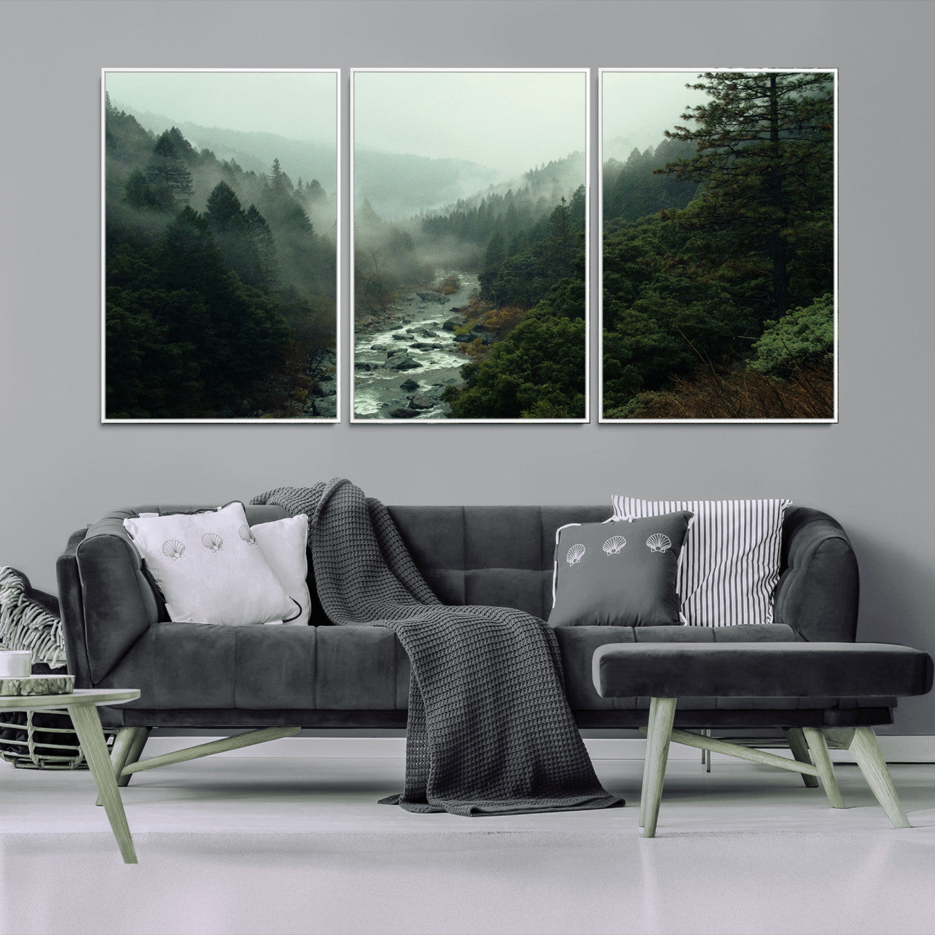 -Misty Forest Wall Art Canvas Print – Framed Foggy River Moody Landscape Wilderness Nature Scene Artwork for Home Office
