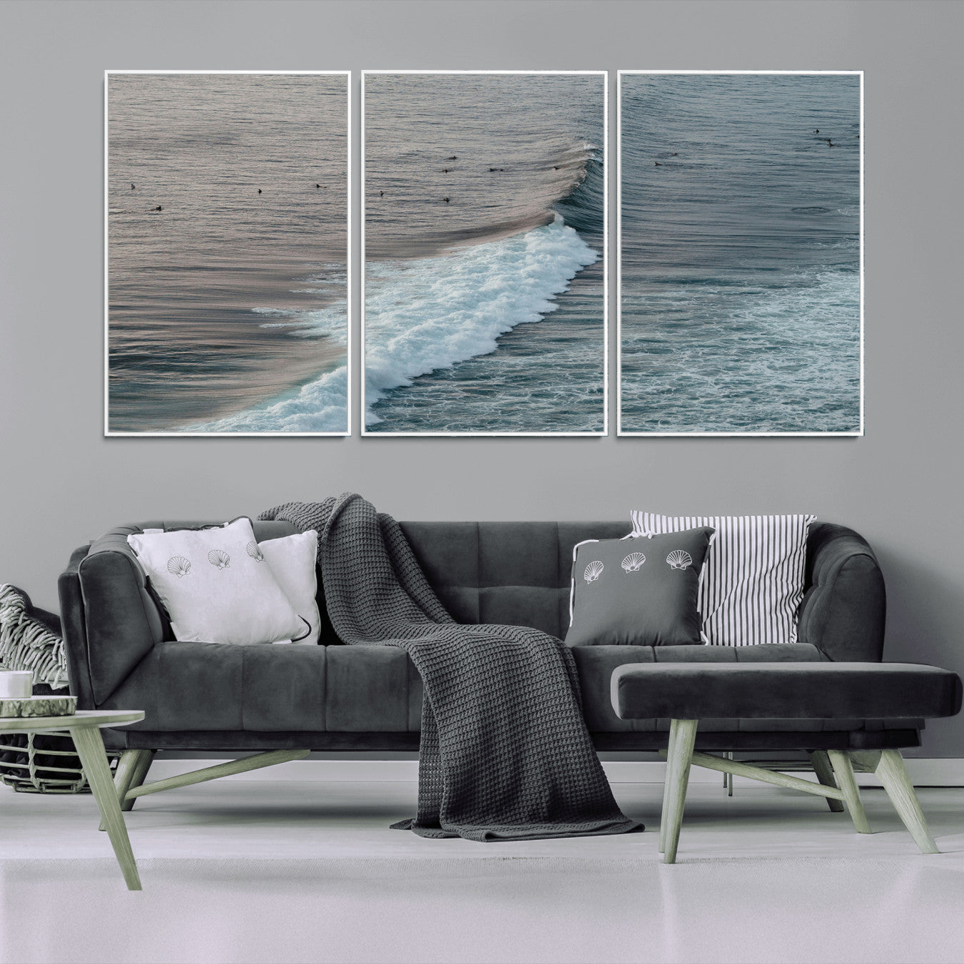23077324-MGV-FC-60X30-3P_White-Ocean Waves Wall Art Canvas Print – Framed Coastal Serenity Surf Nature Scene Artwork for Home Office