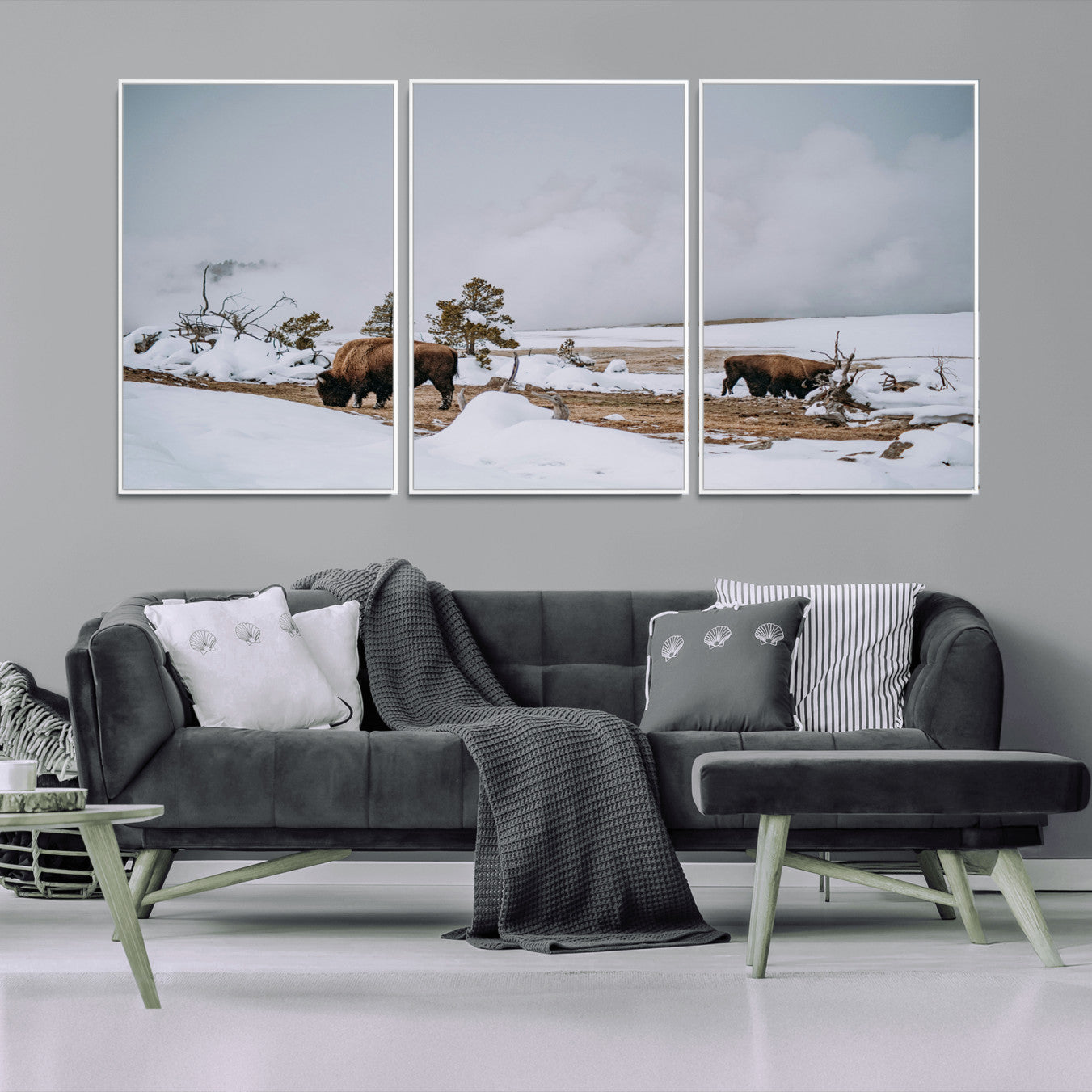 -Bison Wildlife Wall Art Canvas Print – Framed Snowy Prairie Western Rustic Nature Scene Artwork for Home Office