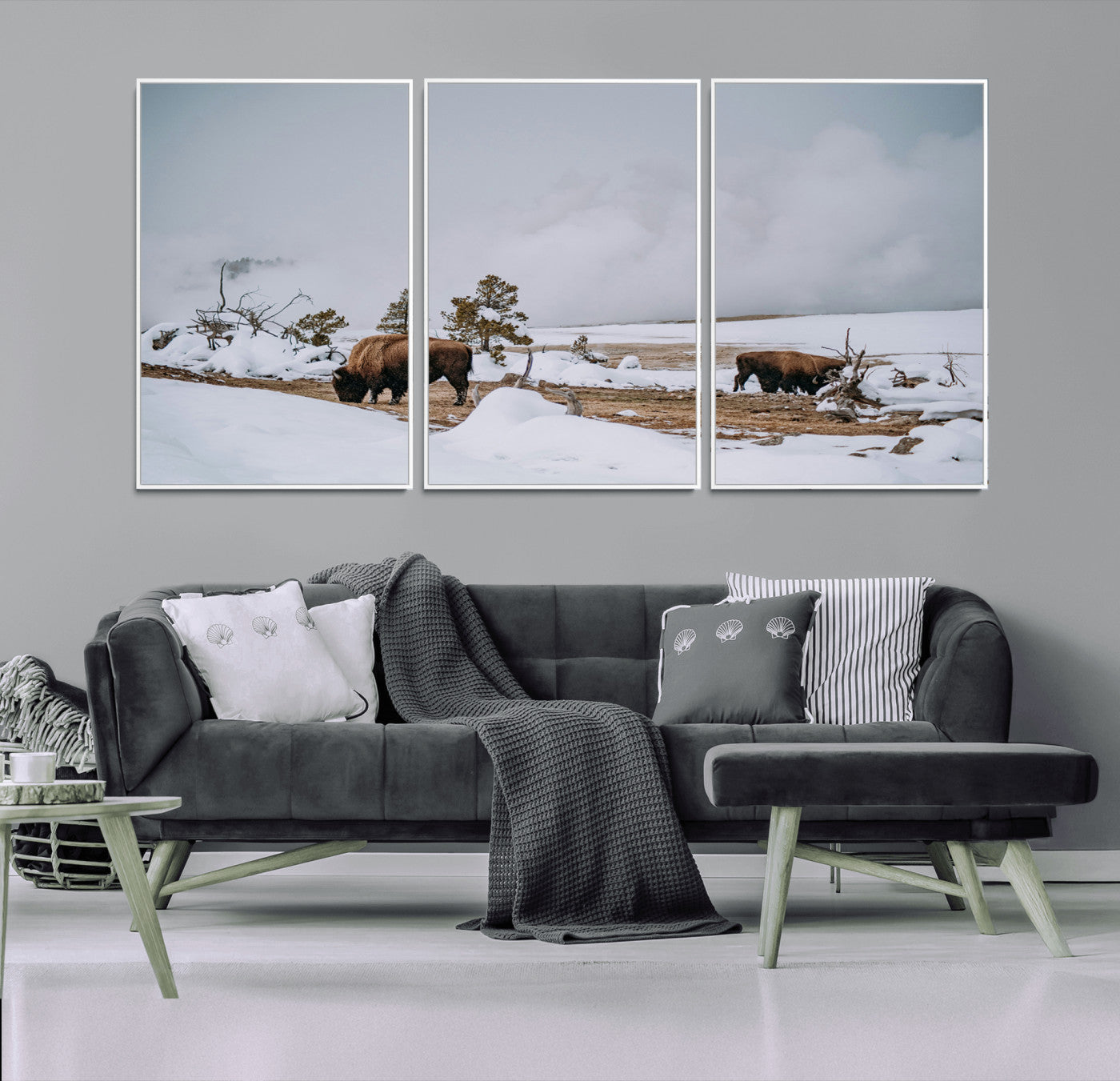 -Bison Wildlife Wall Art Canvas Print – Framed Snowy Prairie Western Rustic Nature Scene Artwork for Home Office