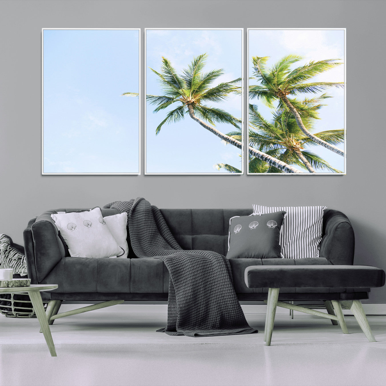 54719115-MGV-FC-60X30-3P_White-Palm Trees Wall Art Canvas Print – Framed Tropical Coastal Nature Scene Artwork for Home Office