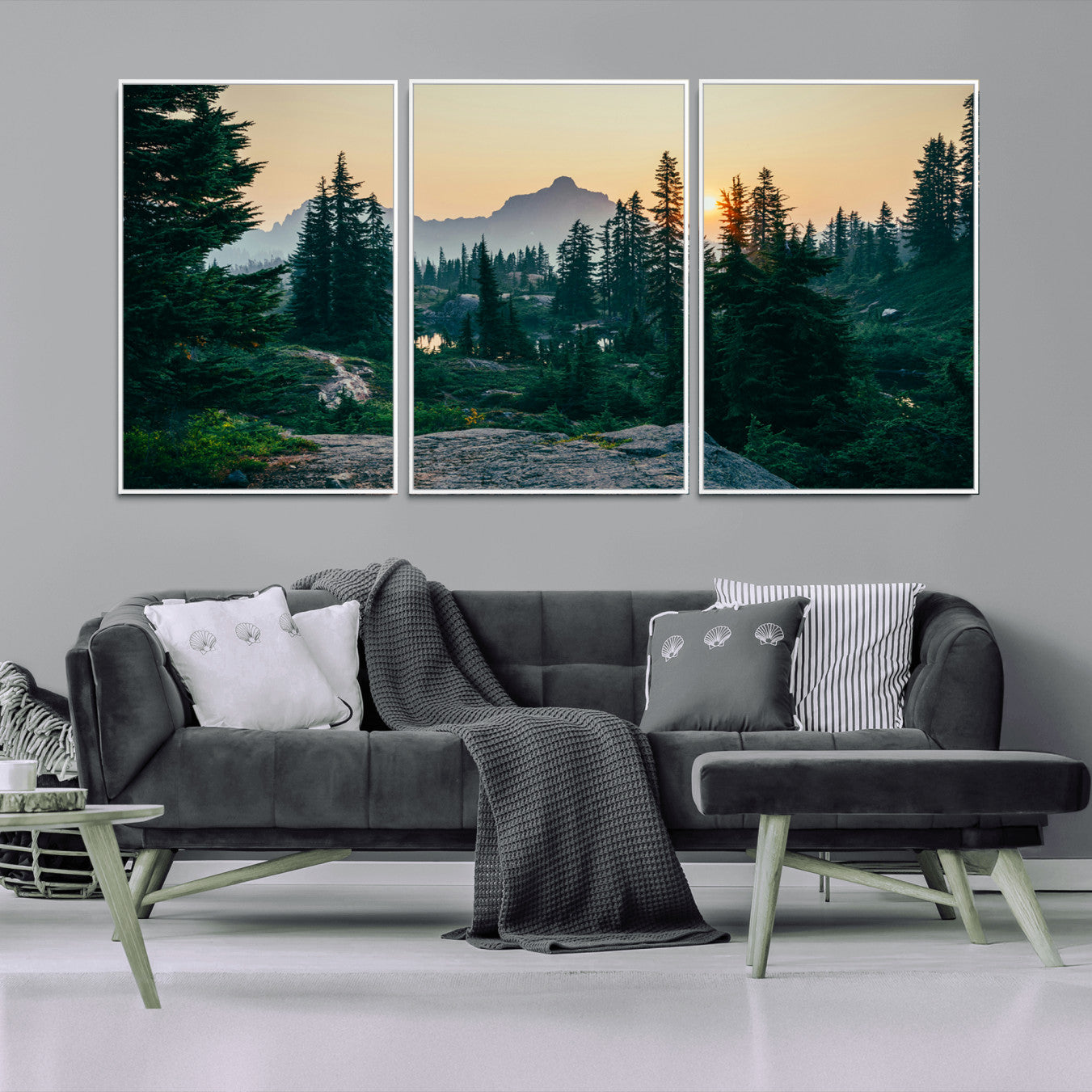 66397982-MGV-FC-60X30-3P_White-Mountain Wall Art Canvas Print – Framed Forest Serenity Mountain Nature Scene Artwork for Home Office