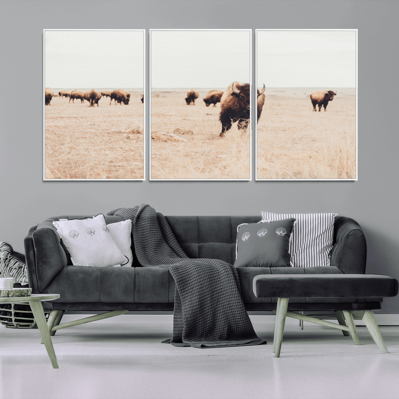 -Bison Herd Wall Art Canvas Print – Framed Western Prairie Serenity Ranch Nature Scene Artwork for Home Office